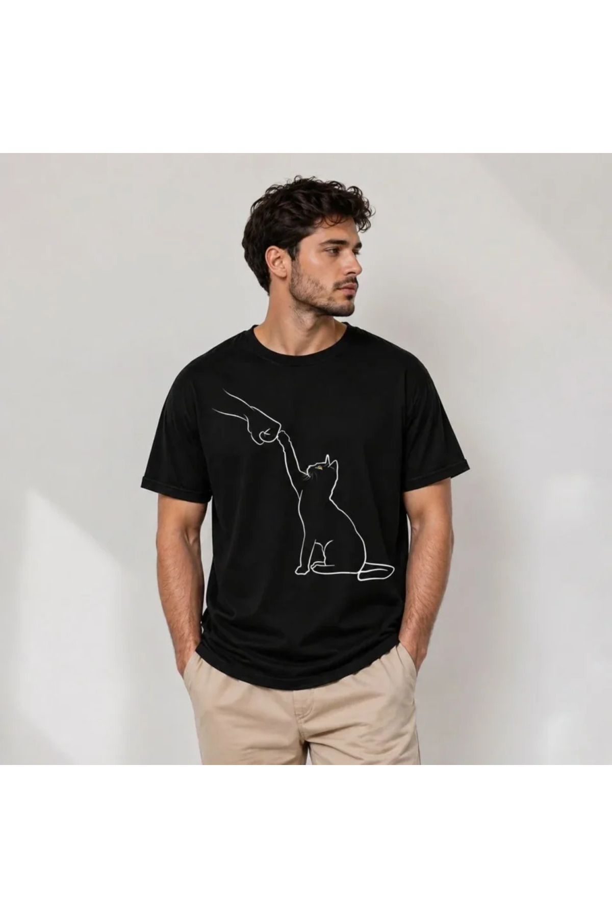 Erkek Minimal Kedi Çizim Baskılı Tişört Kısa Kol Yazlık T-Shirt - Siyah