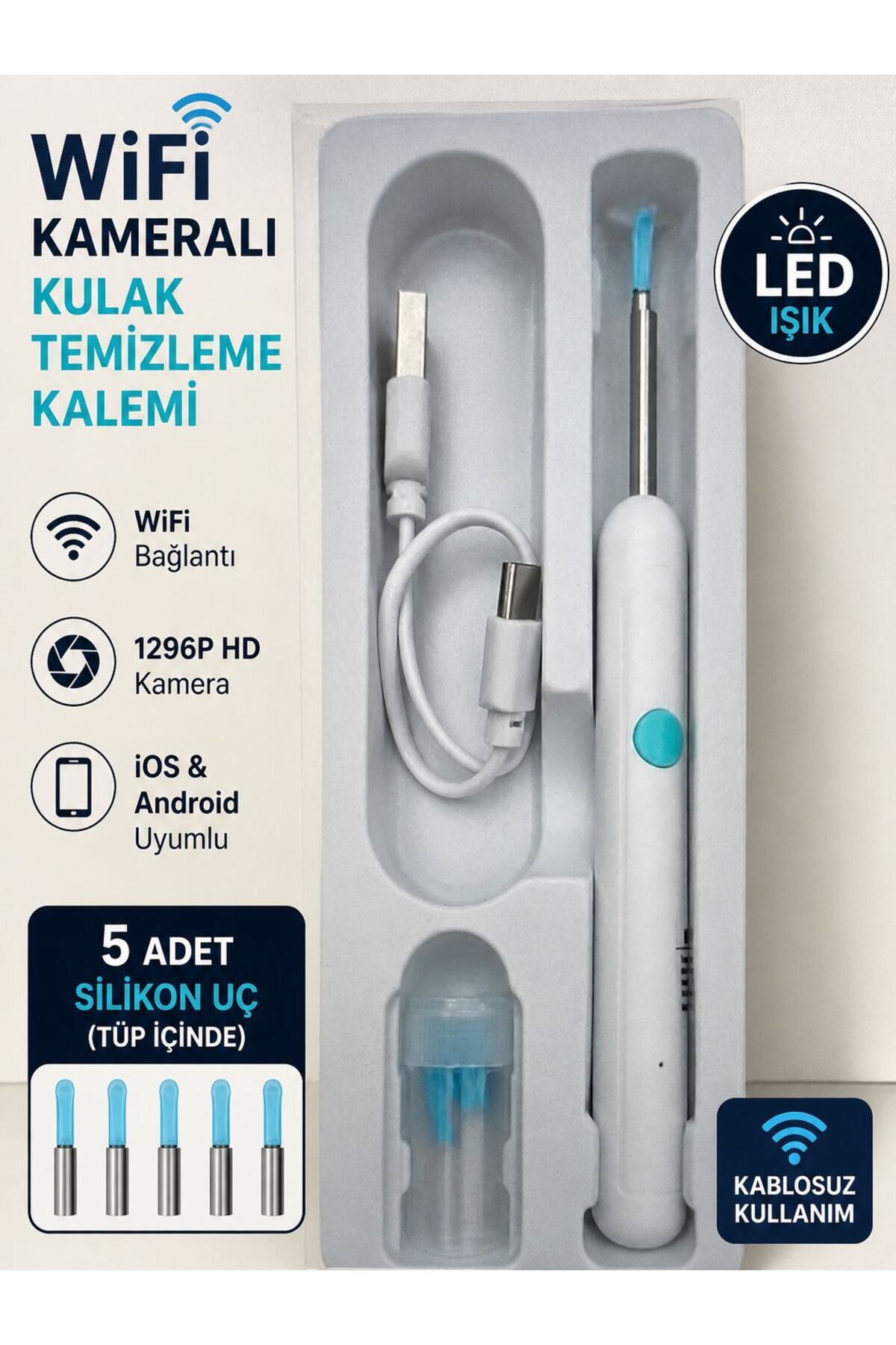 Mutkin KULAK CİHAZI WiFi Kameralı Kulak Temizleme Kalemi 1296P HD