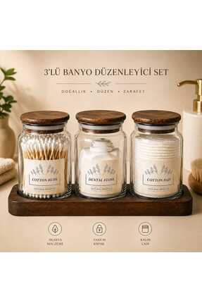 Durina Living 3’lü Cam Banyo Düzenleyici Standlı Akasya Kapaklı Pamukluk Orga...