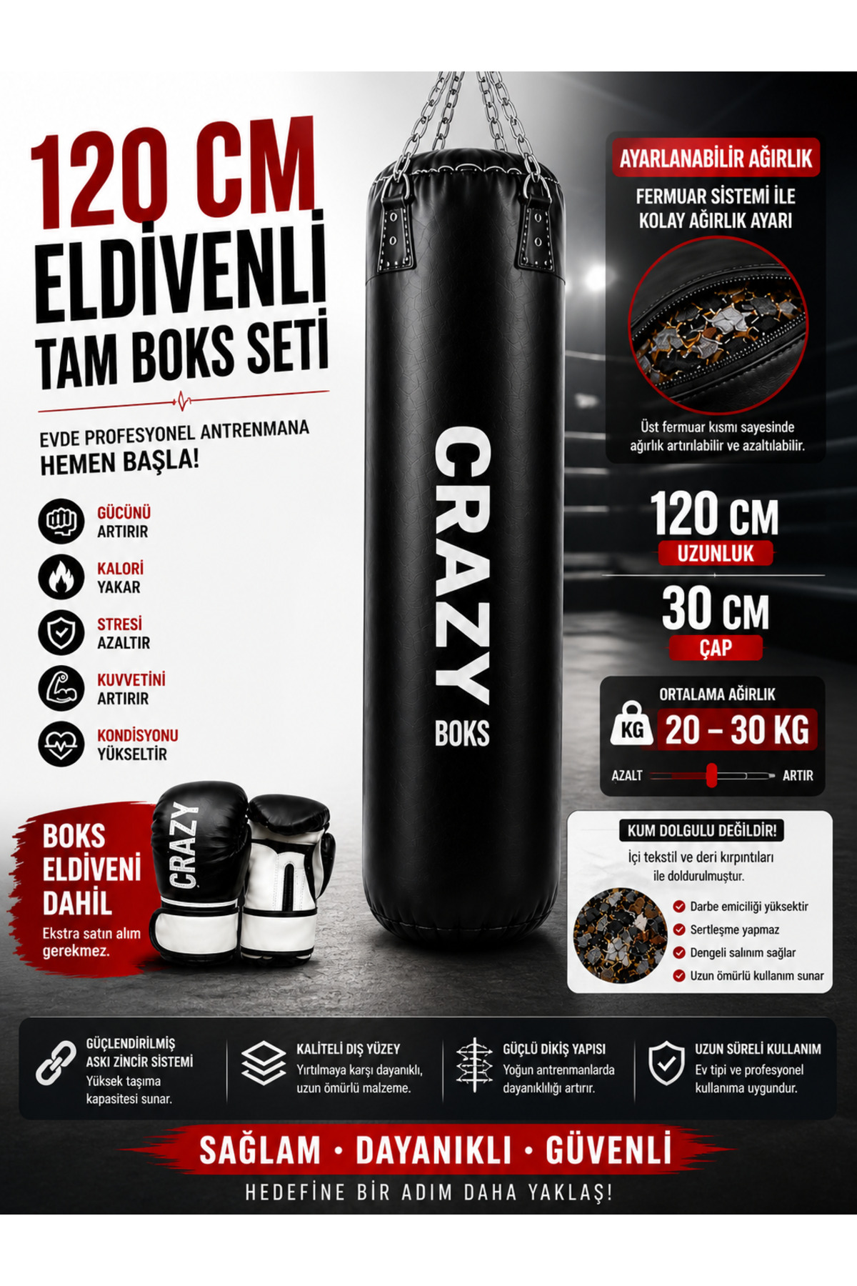 Crazy 120 CM Boks Torbası Seti Eldivenli | Ayarlanabilir