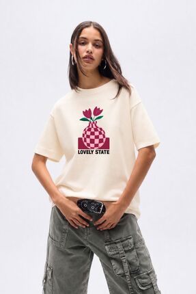 Hira Clothing Kadın Yumuşak Kumaşlı %100 Pamuklu Baskılı Regular T-Shirt