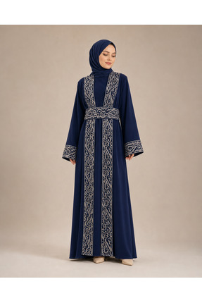 ZENYA Abaya Zahara Lacivert Siyah Nakış İşlemeli Kuşaklı İçlikli Tesettür Abaya