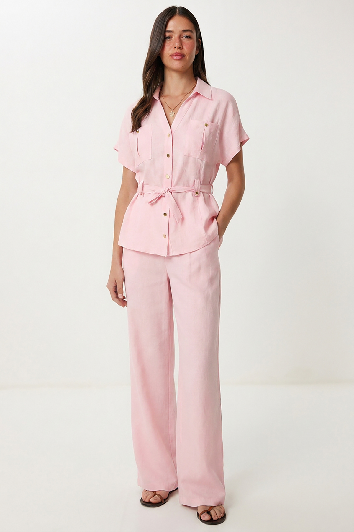 Button Detailed Linen Bottom-Top Set with Belt LBY0055 SUGAR PINK