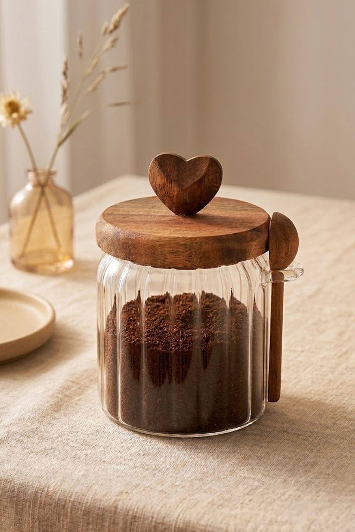 Glass Jar with Heart, Vacuum, Small Acacia Lid,Spoon -Sugar Bowl,Spice Bowl 460 ml