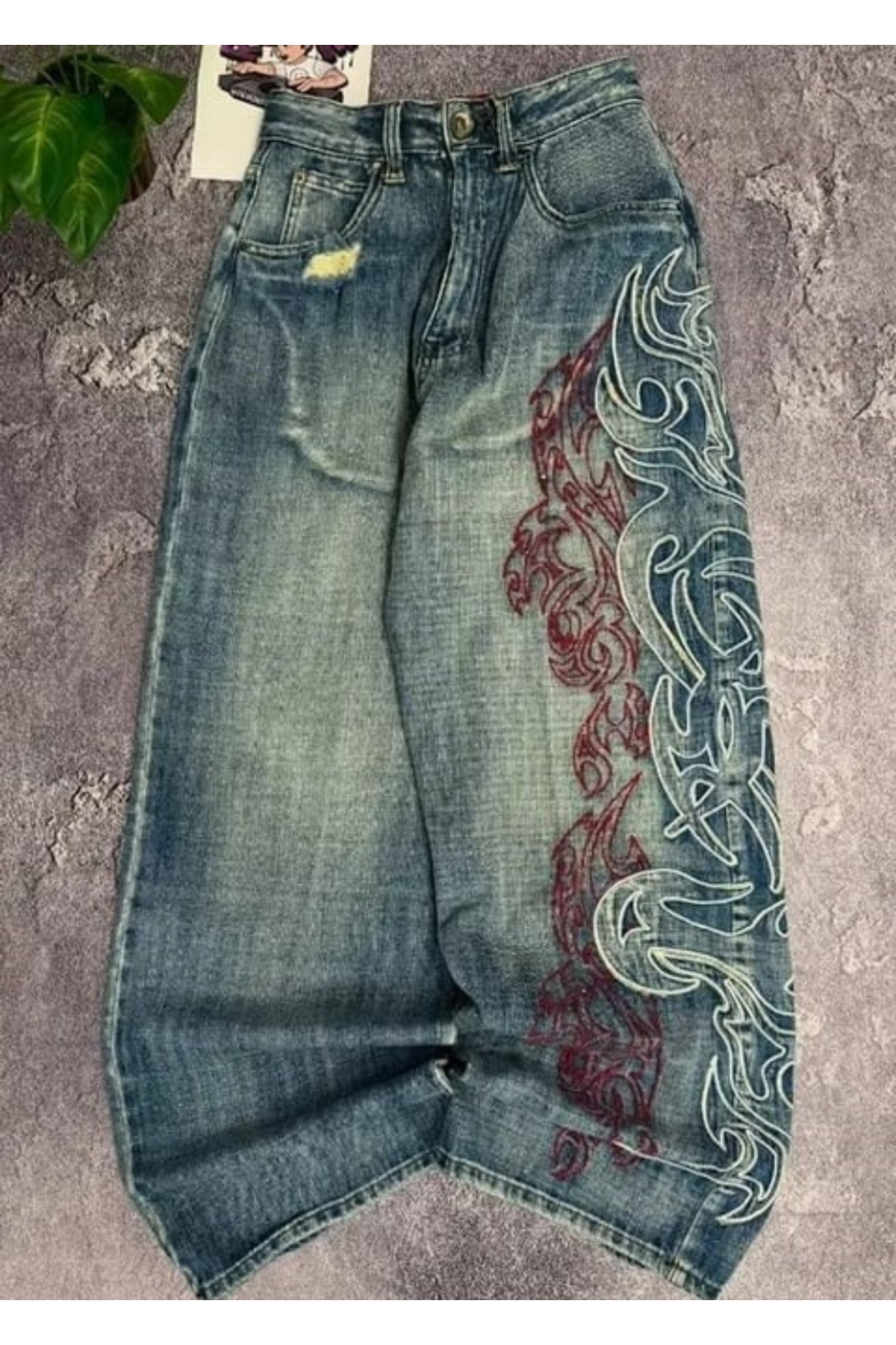 Gofeel Mavi Taşlamalı Vintage Tribal Baskılı Grunge Baggy Unisex Pantolon