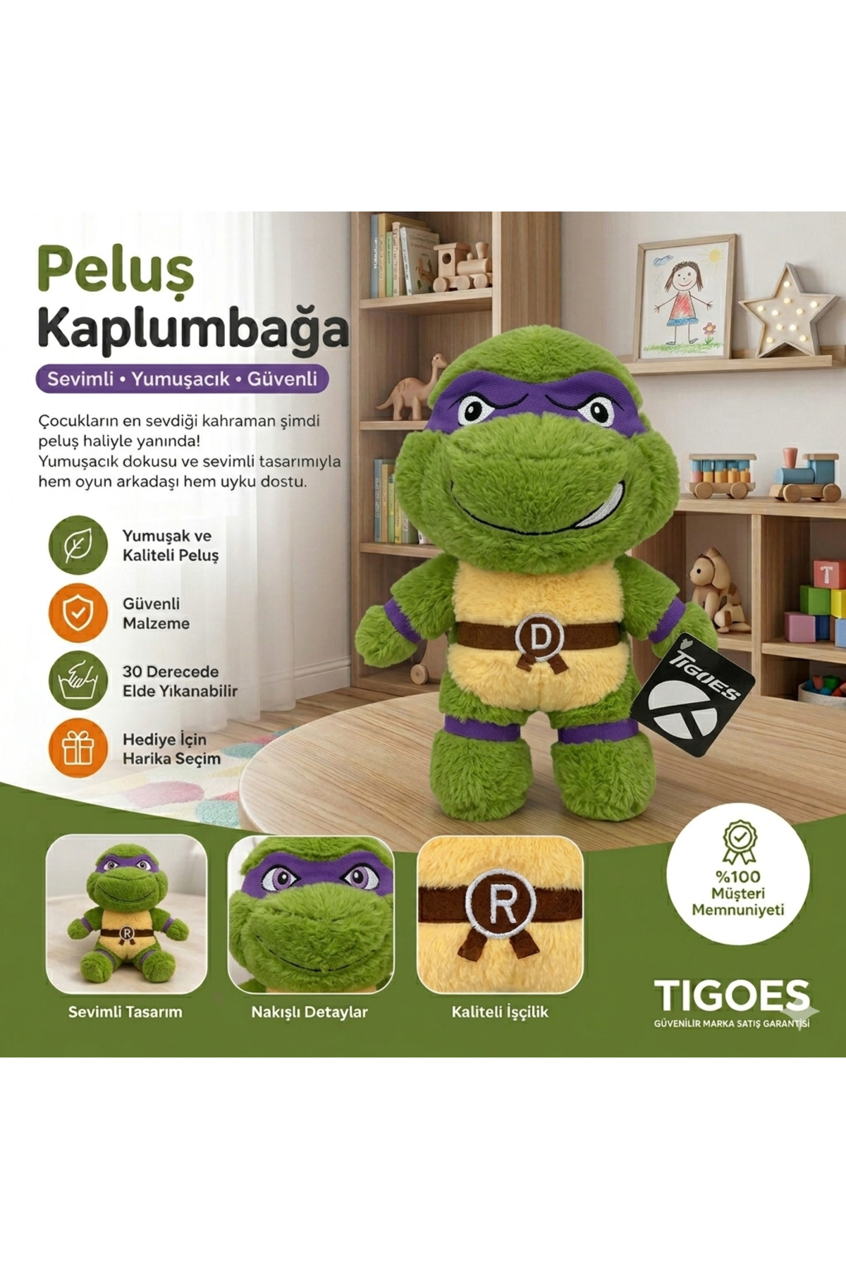TIGOES Donatello Ninja Kaplumbağa 25 cm Oyuncak Peluş Mor