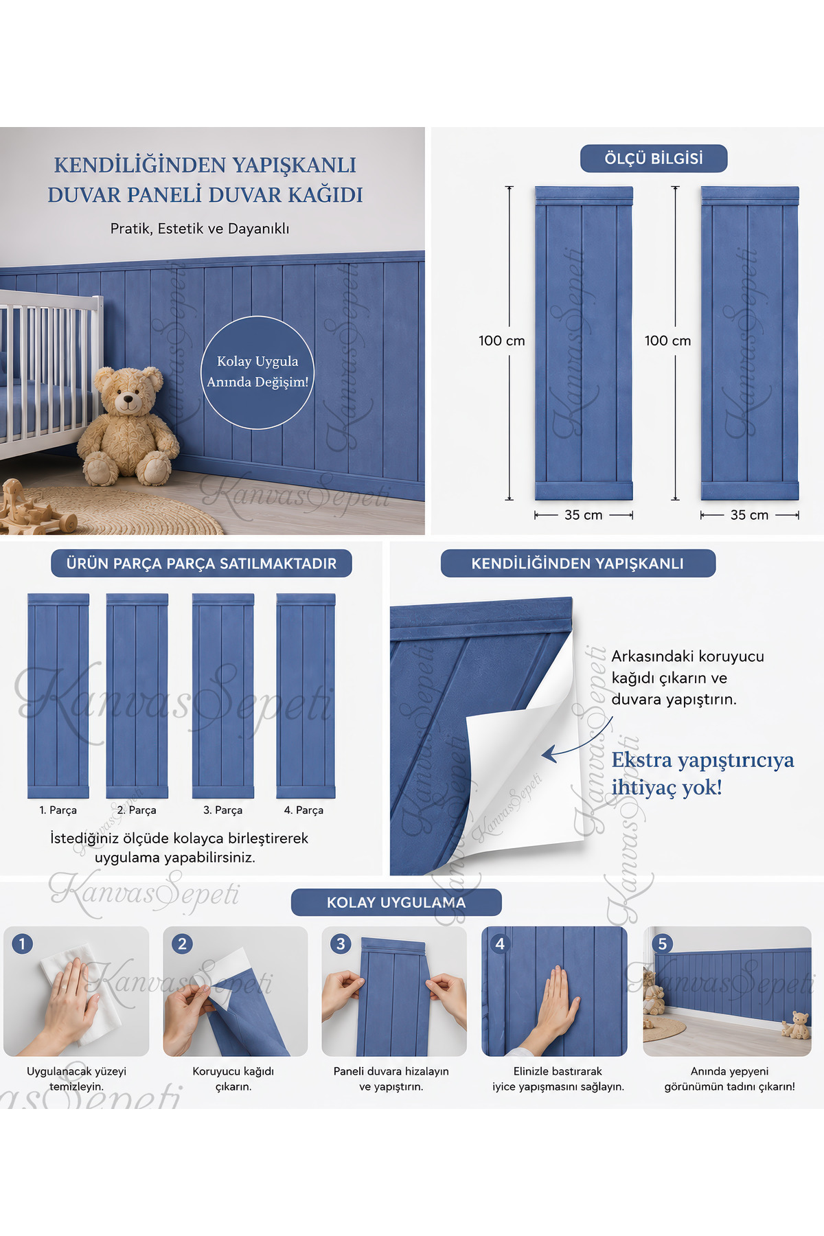 Kendinden Yapışkanlı Mavi Duvar Paneli Duvar Kağıdı Çocuk Odası Kolay Uygulama 100x35 Dekoratif Stil