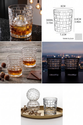 Derinify 2 Adet Retro Serisi Vintage Tasarım Rattan Detaylı Kristal Kesim Bar...