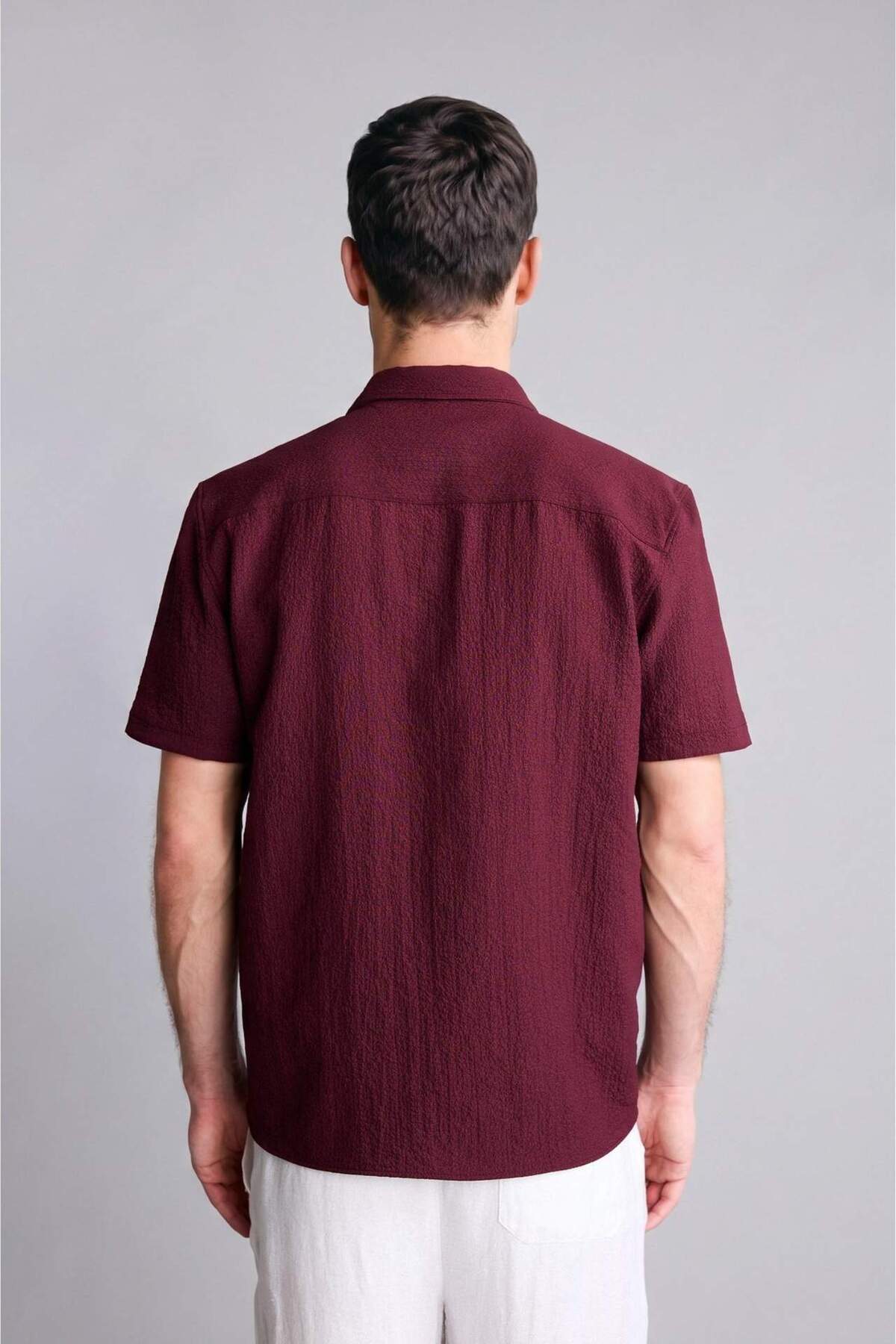 Regular Fit Polo Yaka Krinkıl Kısa Kollu Gömlek E1223AX26SM — زرشکی — تصویر 5 از 5