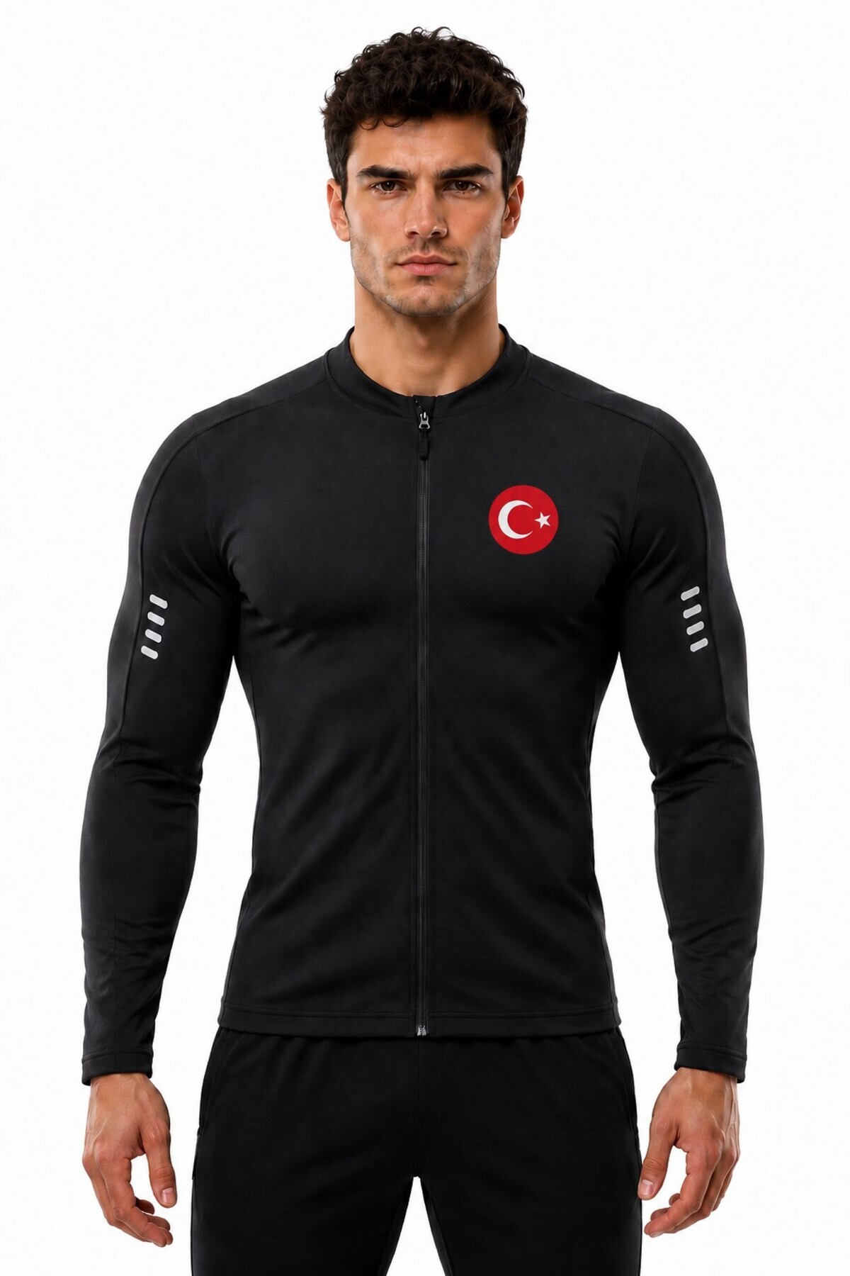 GHASSY CO . Türk Bayrak Logolu Tam Fermuarlı Dalgıç Kumaş Uzun Kollu Slim Fit Esnek Spor Sweatshirt görsel 2