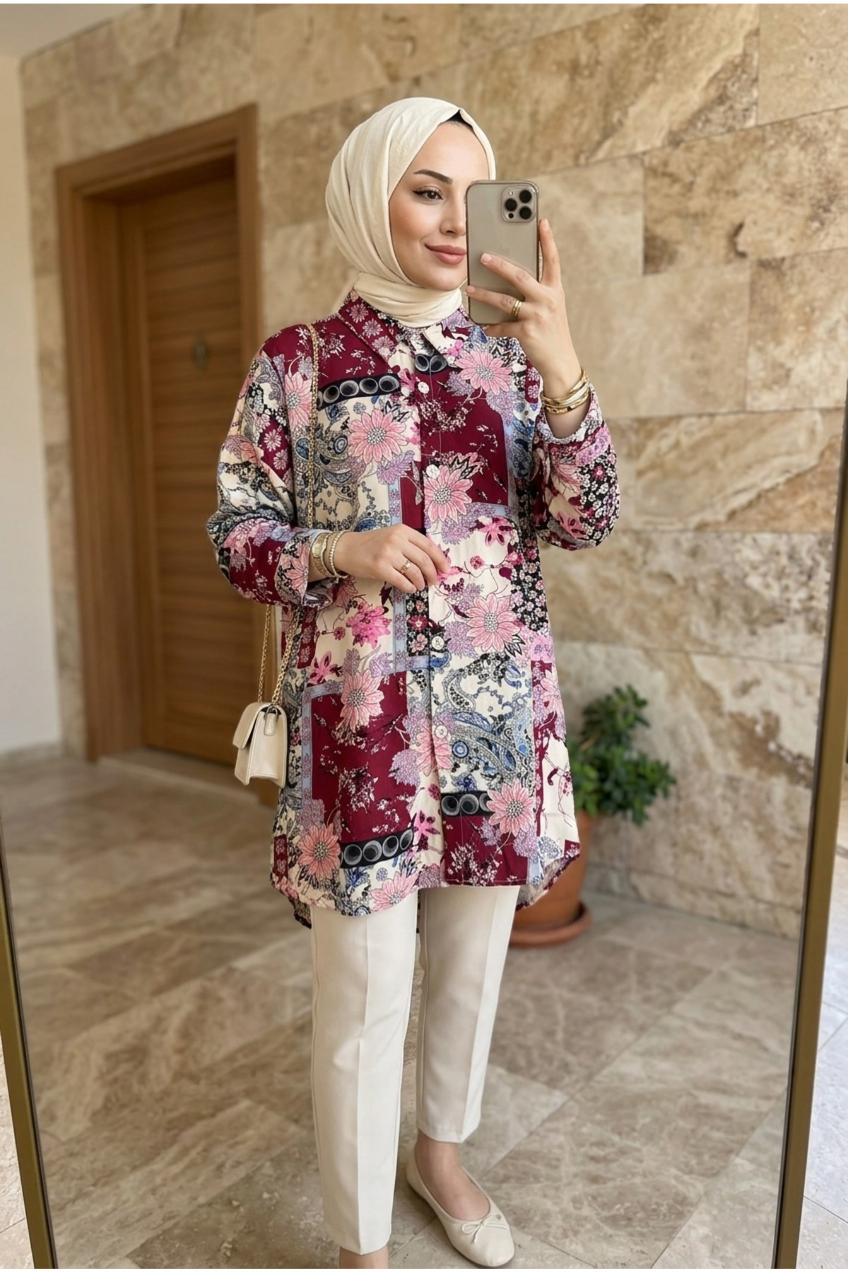 Women's Vintage Patterned Casual Cut Hijab Tunic (Front 80 / Rear 85)