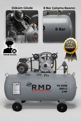R.M.D Kompresör Hava Kompresörü Pistonlu 200 Lt 2 Kafa 8 Bar 3 Hp I PA265B