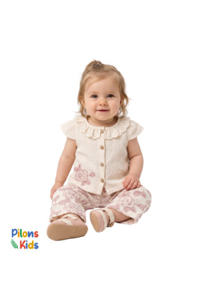 Pilons Kids Kız Bebek Müslin Takım - Çiçek Nakışlı Fisto Yaka Bluz ve Gül Des...