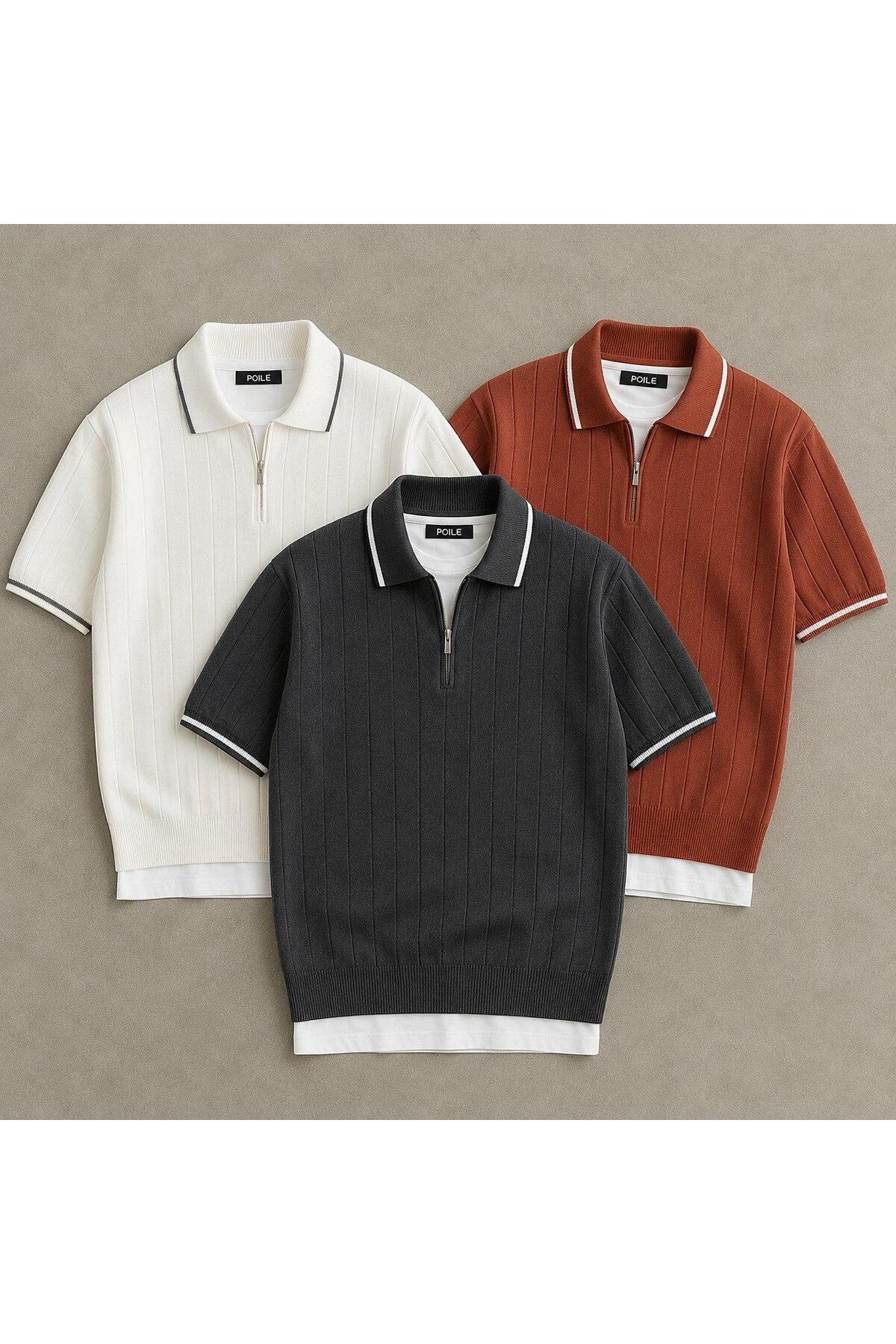 Men's 3-Pack Polo Neck Knitwear Textured Half Zipper Regular Cotton T-shirt