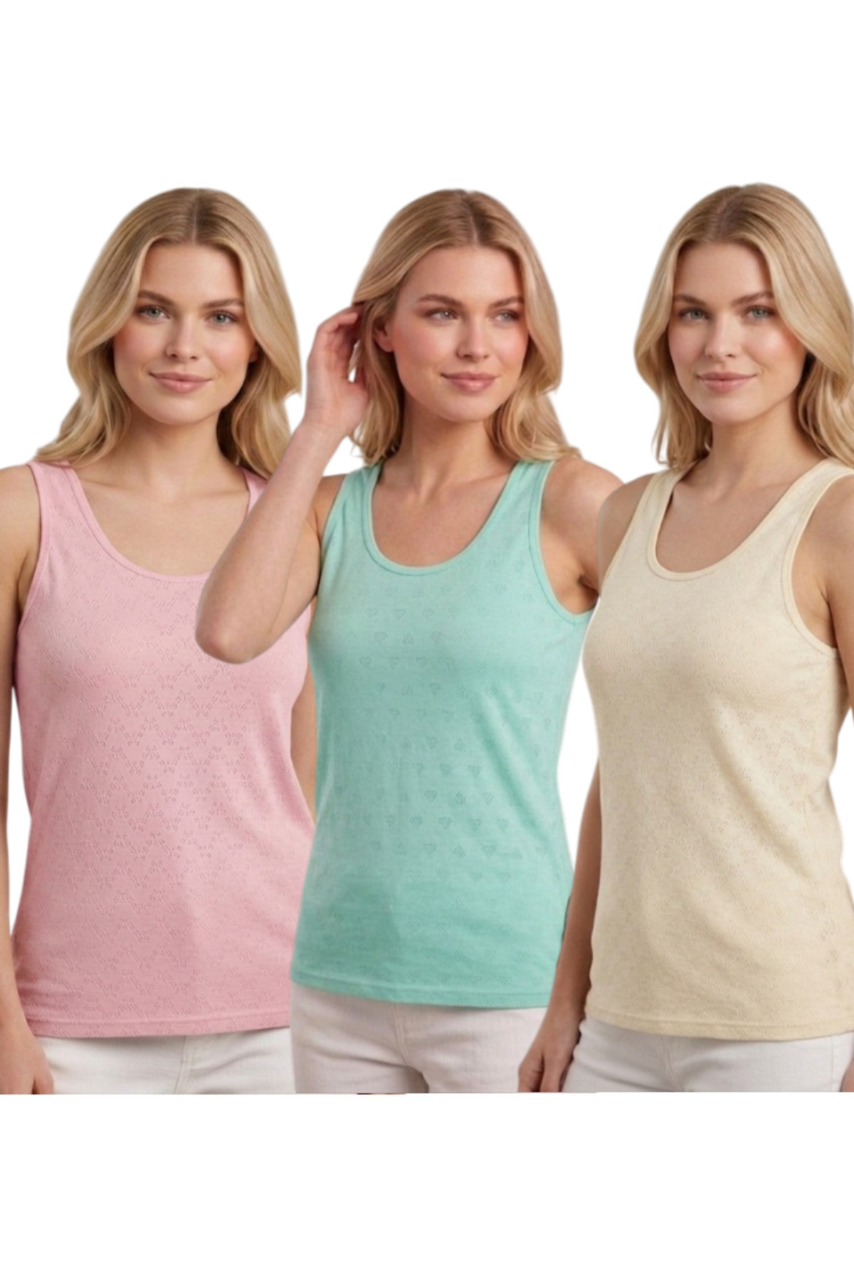 WOMEN 'S UNDERSHIRT JACQUARD WHITE THICK STRAP 3-PIECE SET (PINK-MINT-SKIN)