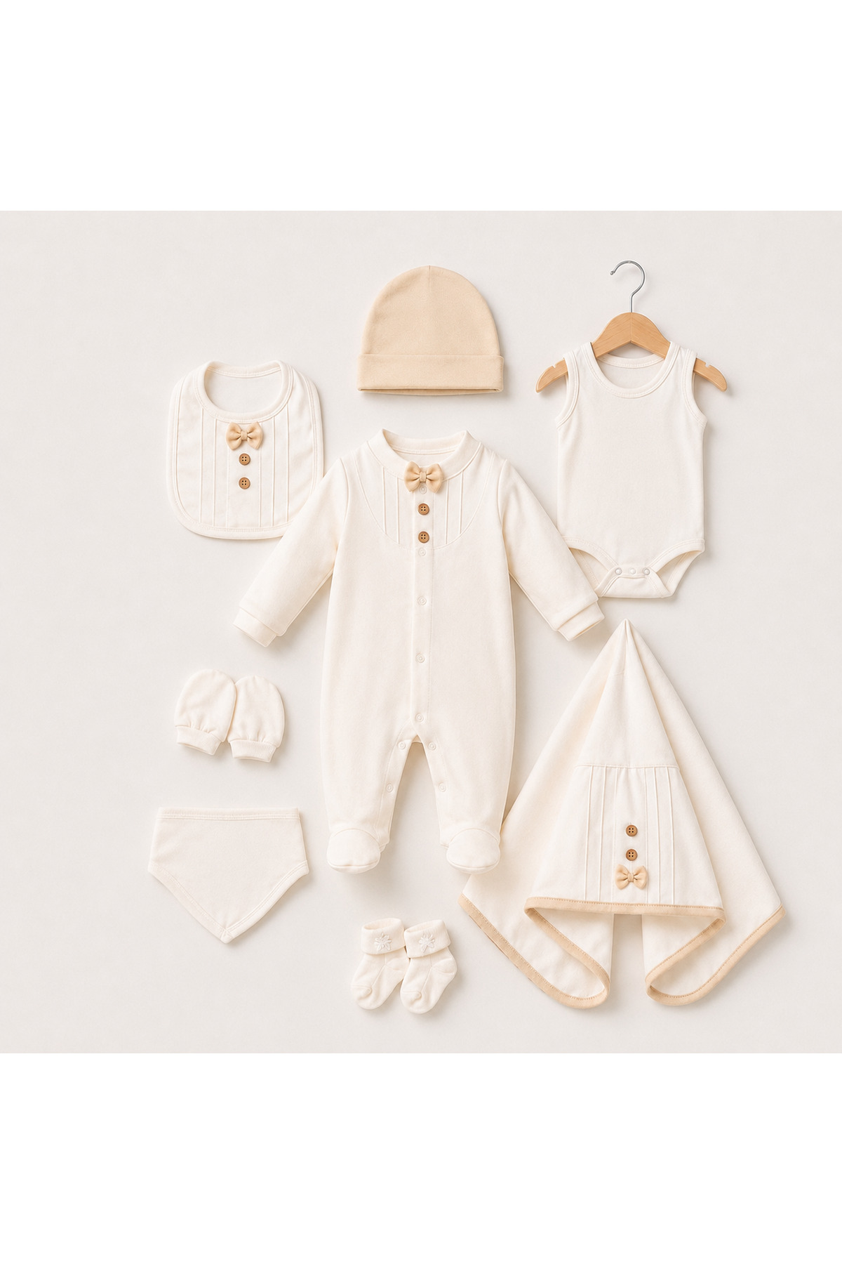 Baby newborn set in cream color consisting of 8 pieces made of 100% cotton