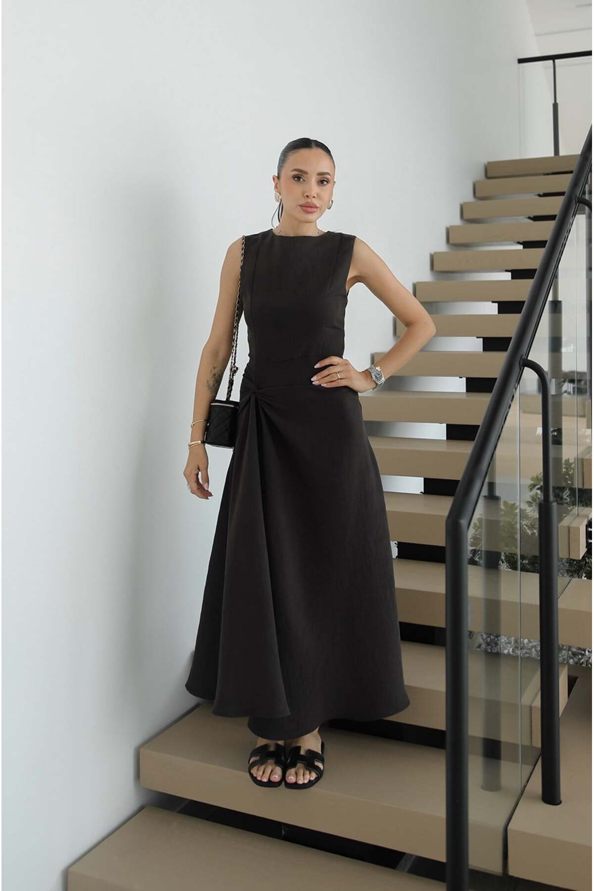 Brown Knot Detailed Zero Sleeve Dress