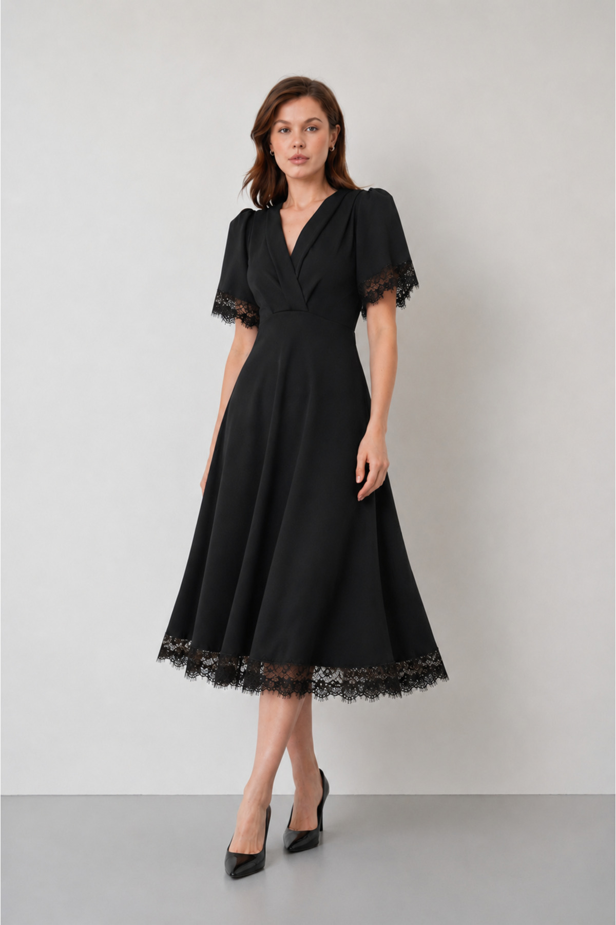 bayansepeti Women's Black Crepe Fabric Padded Double Breasted Collar Sleeves and Skirt with Black Lace Detail Midi Length Dress 77164