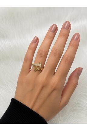 LUNAR by Duygu BİRİ ZİRKON TAŞLI İKİLİ T MODEL AYARLANABİLİR VİP GOLD YÜZÜK