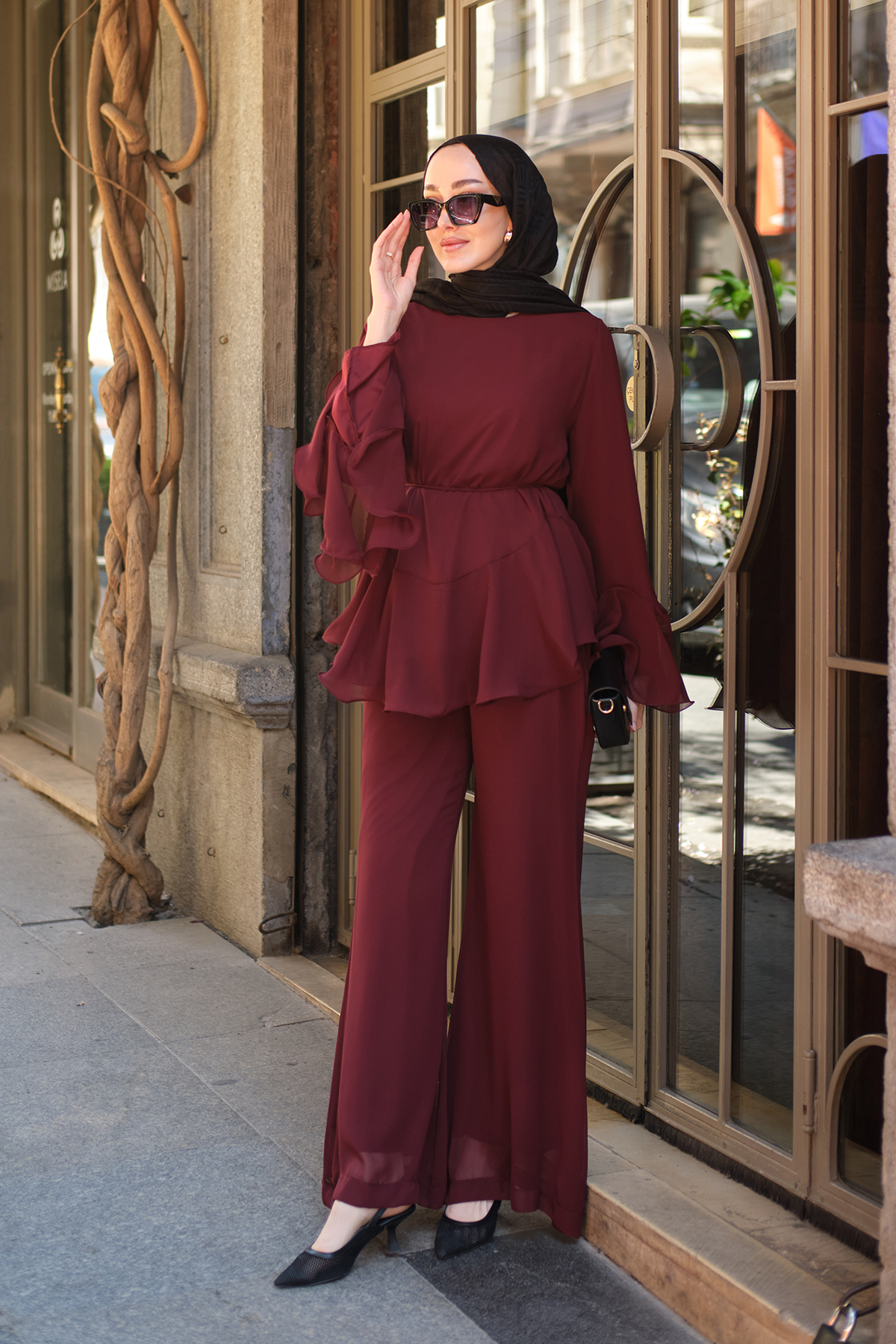LOCCO Women's Chiffon Suit with Drawstring Waist Trousers, Burgundy