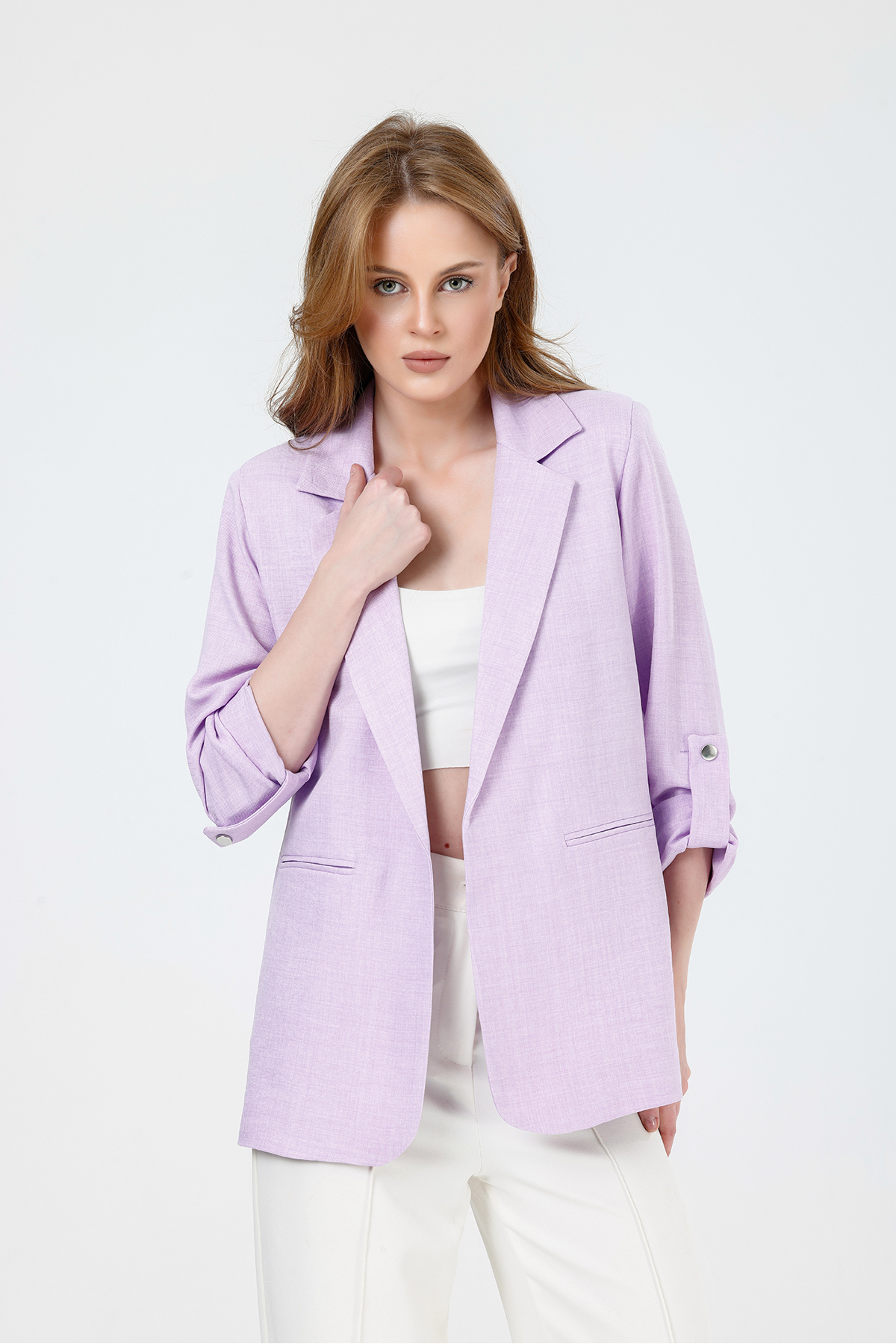 MD trend  Kadın Kolu Katlanabilir Astarlı Kruvaze Blazer Keten Ceket - Görsel 3