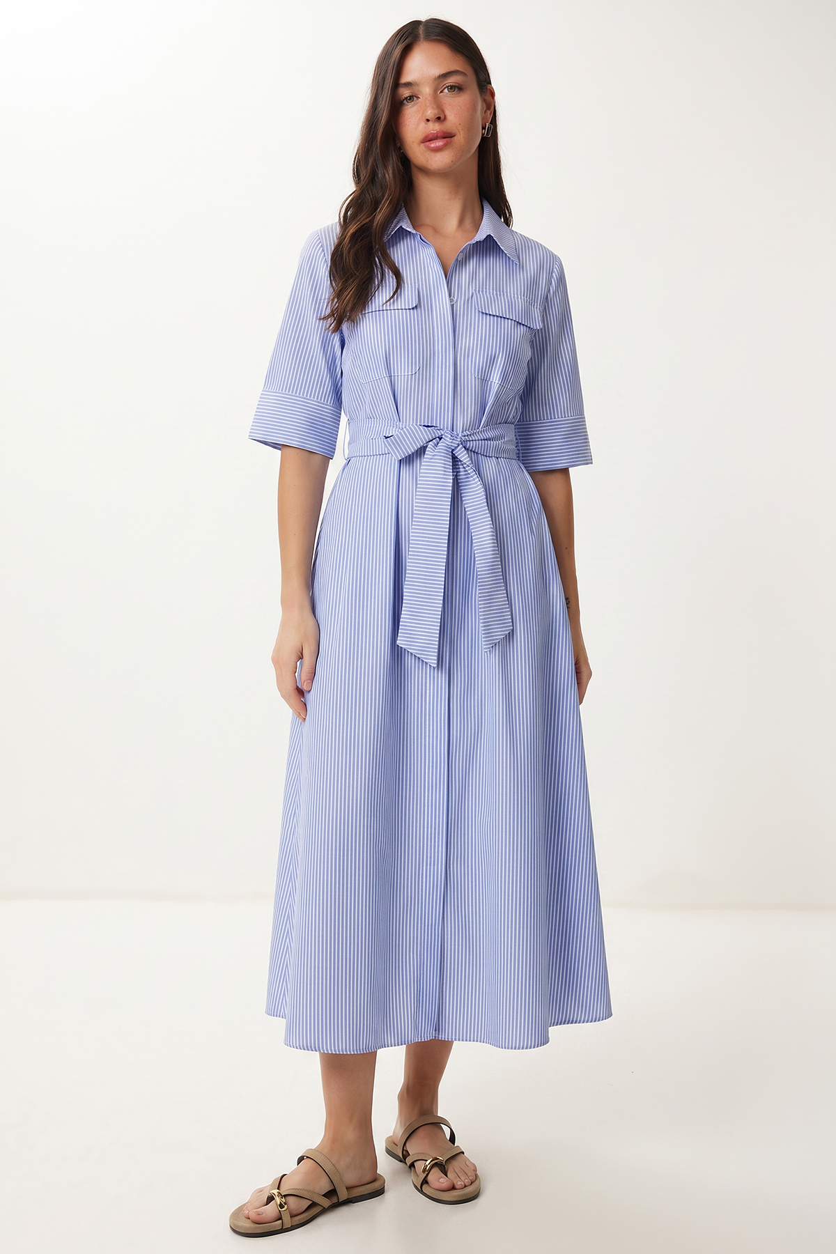 Striped Belted Poplin Shirt Dress LUB0362 SKY BLUE WHITE