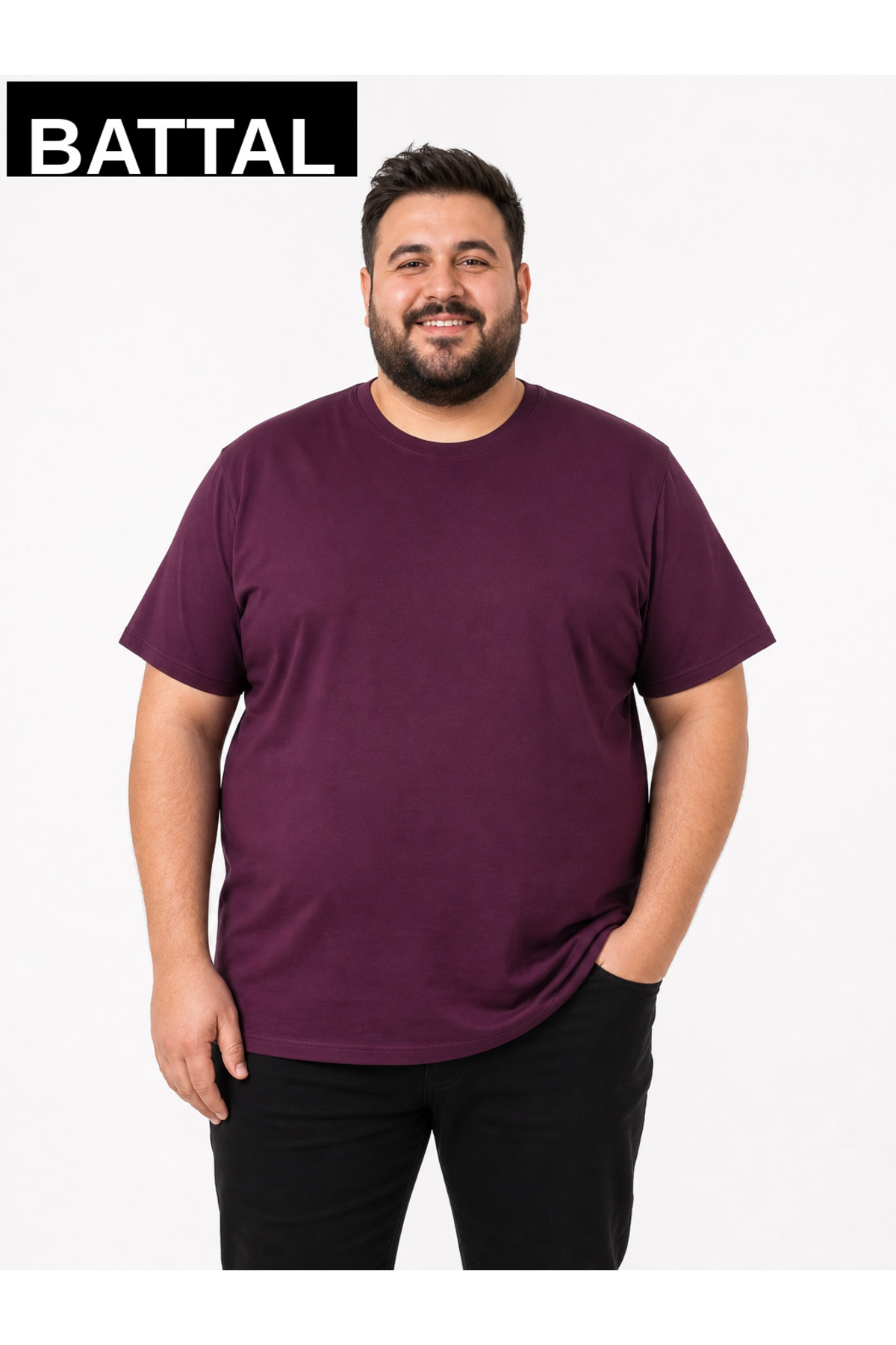 brz braazi Mürdüm Erkek Büyük Beden Pamuklu Likralı Bisiklet Yaka T-Shirt