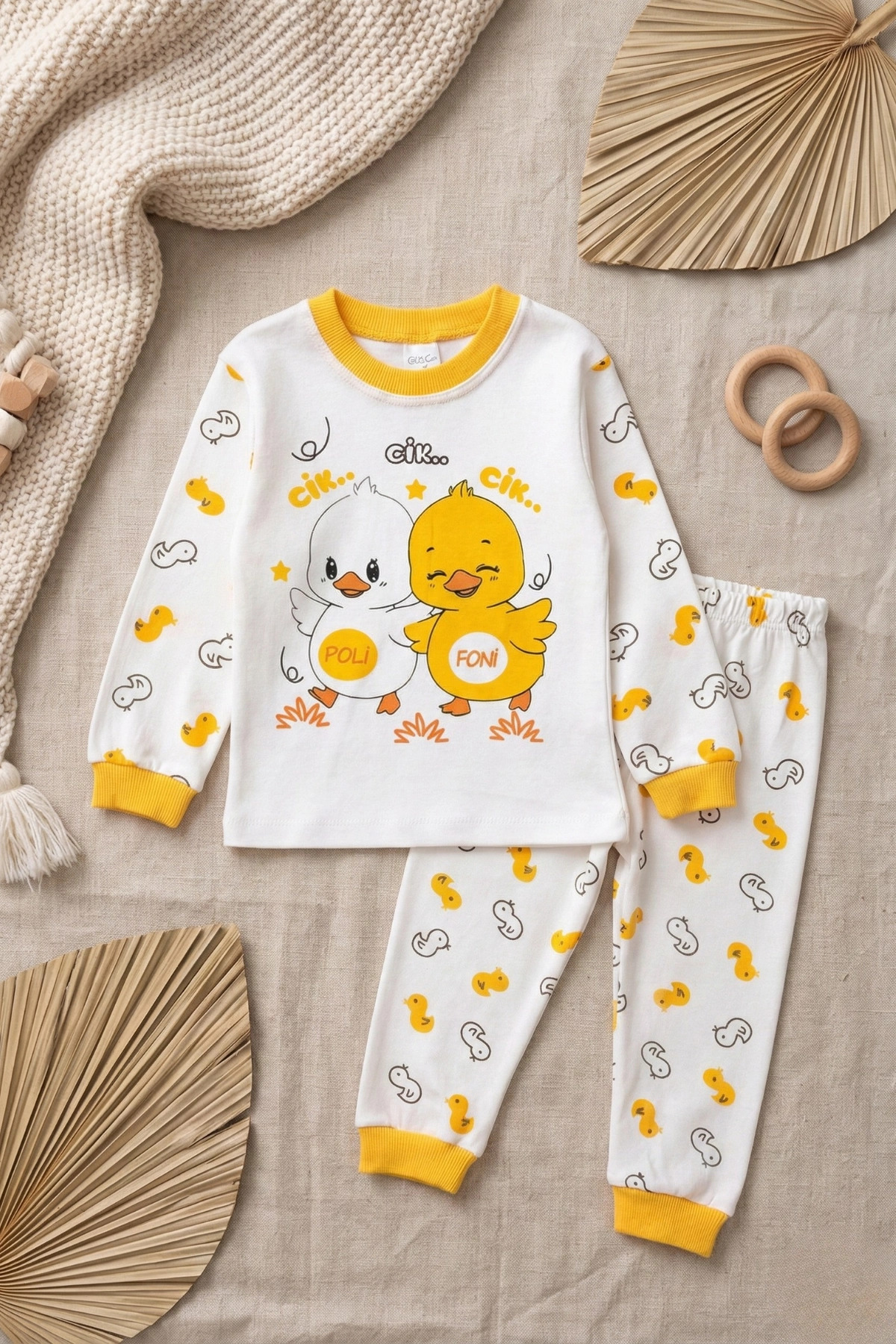 DYZSTAR Chick Patterned Cotton Children's Pajama Set Unisex Comfortable Fit Yellow White