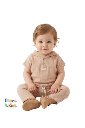 Pilons Kids Erkek Bebek %100 Pamuk Müslin Kapüşonlu Tişört ve Pantolon Yazlık...