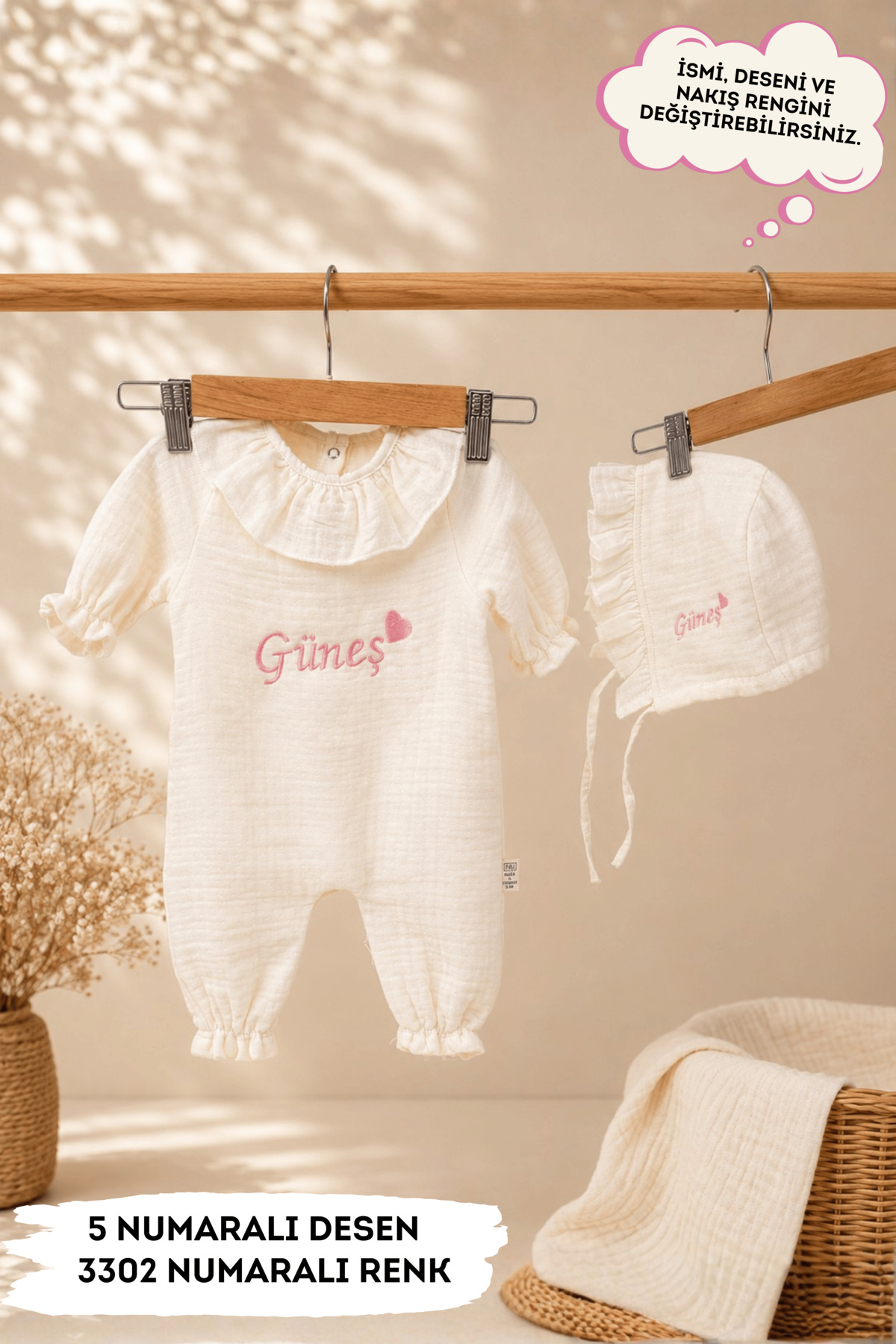 Name Embroidered Muslin Ruffle Collar Jumpsuit Beanie