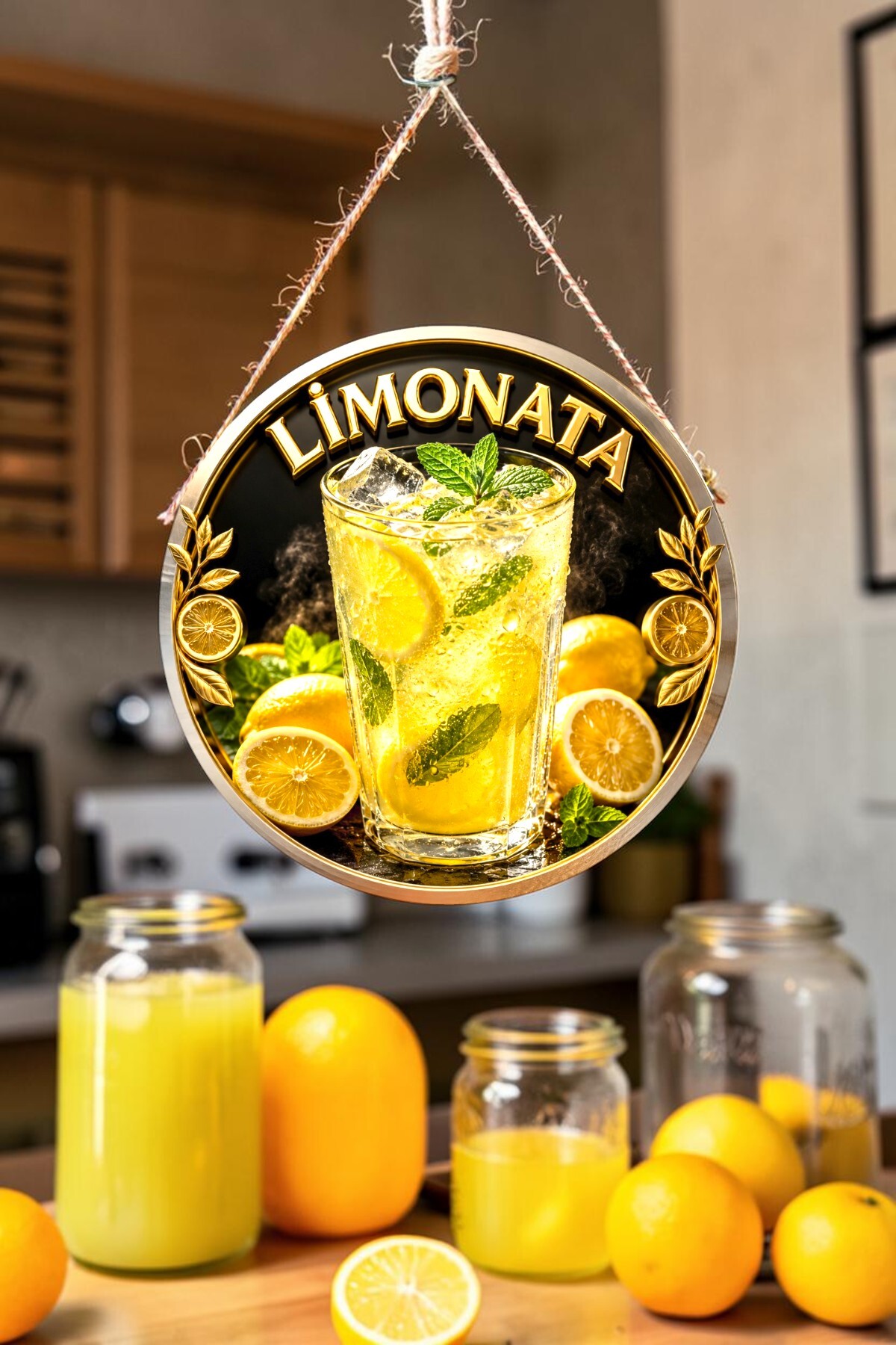 Lemonade Themed Double-Sided Drawstring Wooden Door Wall Ornament, Cafe, Summer Place Table Decor, 30 x 50 cm