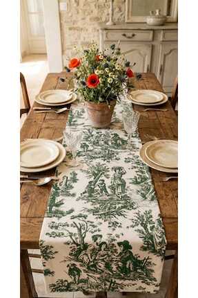 KİLİAHOME Duck Kumaş Fransız Köylü Desenli Runner - Yeşil Beyaz Toile De Jouy...