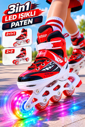 YILDIRIM OYUNCAK 3in1 LED Işıklı Çocuk Pateni - Ayarlanabilir Numaralı 2+1+1 ...