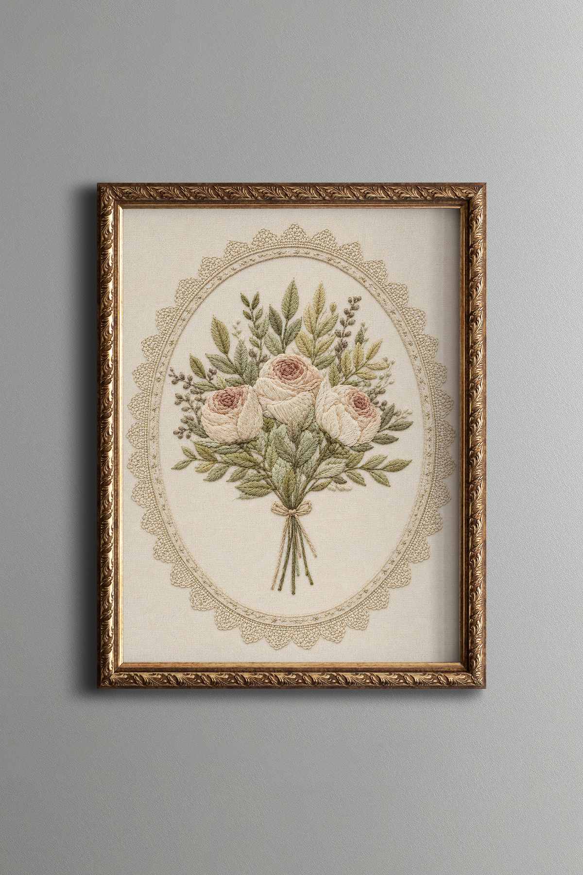 Pastel Roses with Embroidery Look - Vintage Pattern Frame - Slim Model