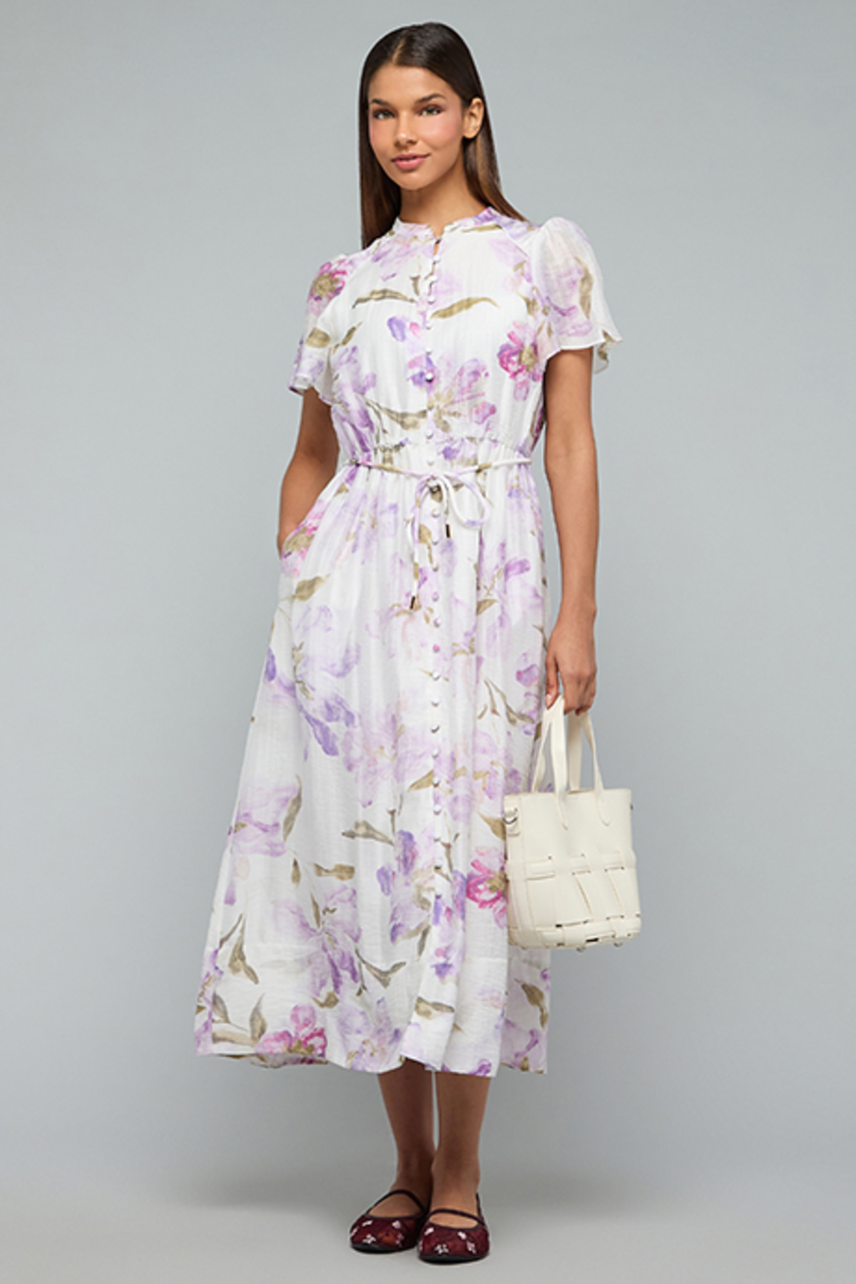 R&B Floral Printed Flared Dress with Stand Collar and Flared Sleeves