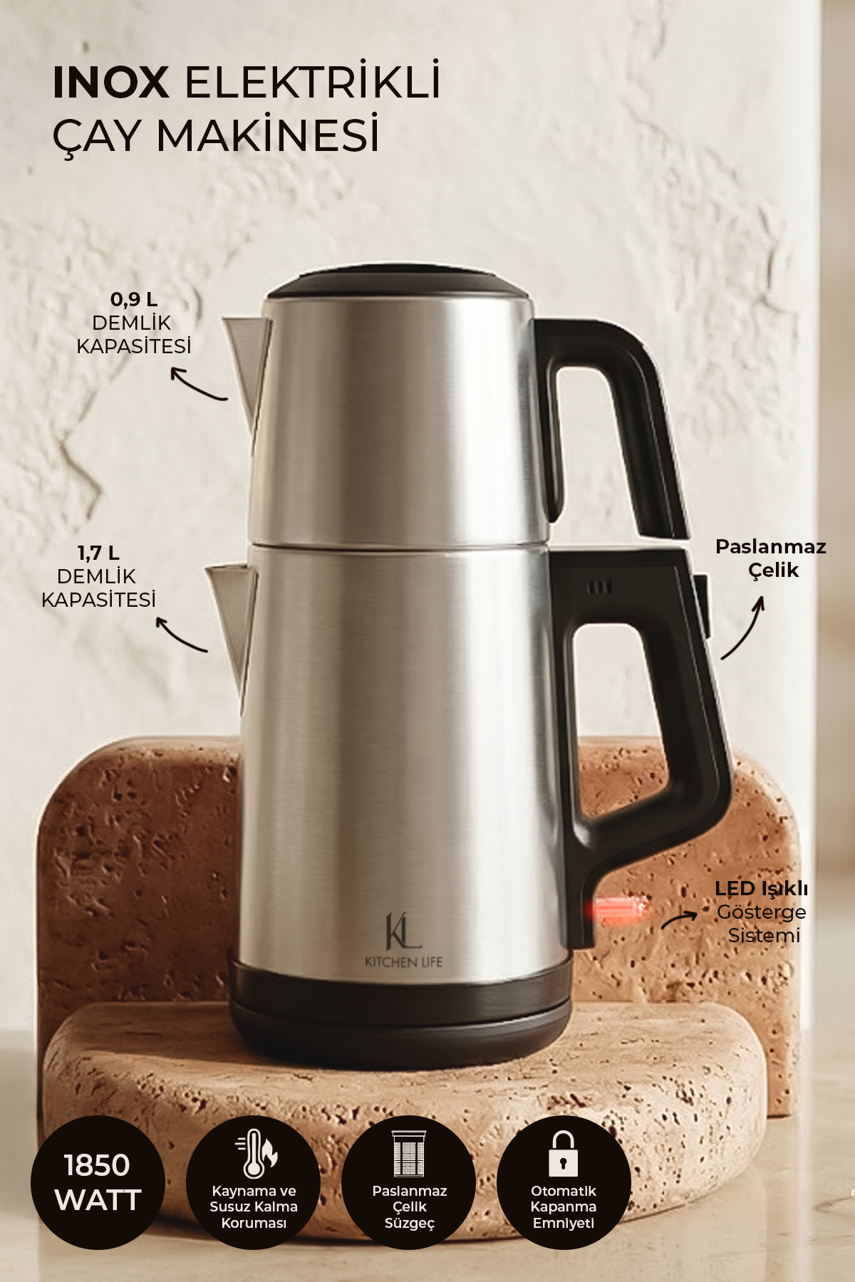 Kitchen Life Demzade Paslanmaz Çelik İnox Elektrikli Çay Makinesi Alt 1,7 LT Üst 0,9 LT 1850-2200 W Kettle Çaycı Çay Seti