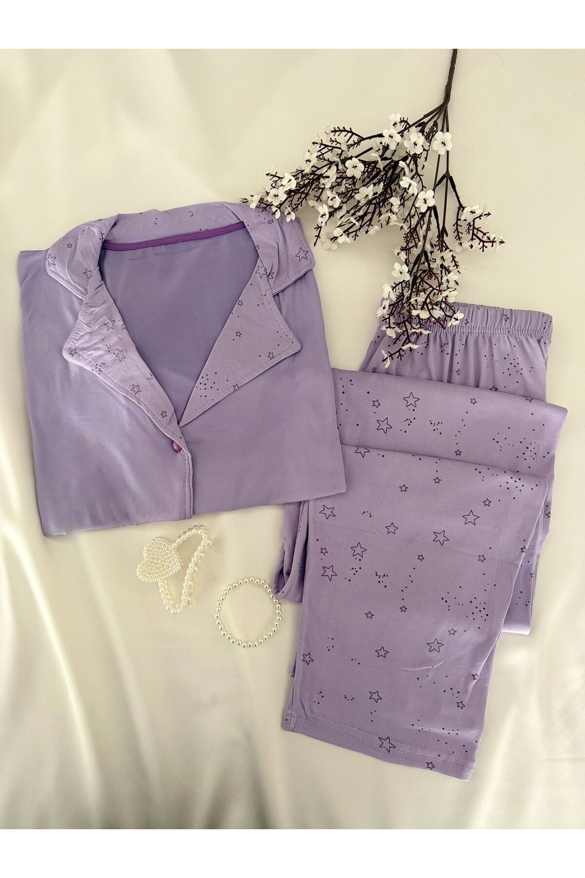 Short Sleeve Lilac Star Buttoned Pajamas Set