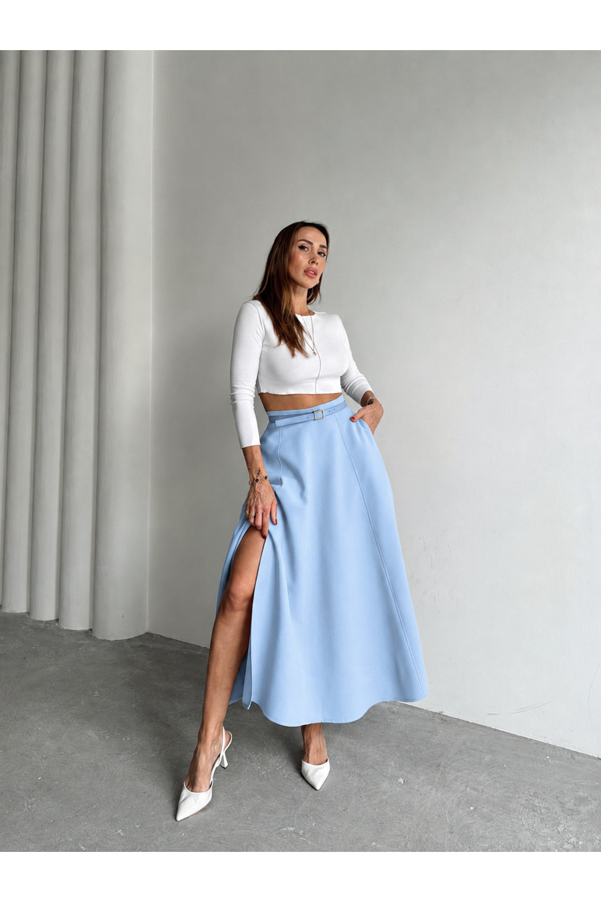 Women's Zippered Slit Godeled Blue Skirt