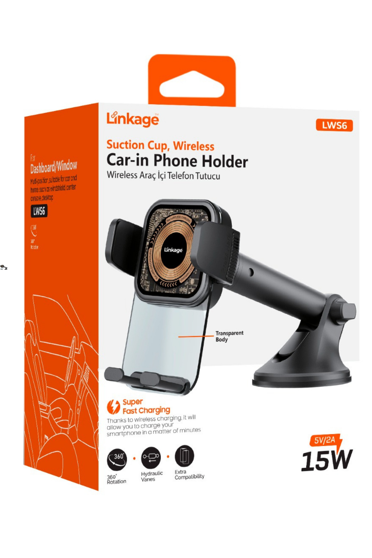 LWS6 15W Kablosuz Hızlı Şarjlı Vantuzlu Araç İçi Telefon Tutucu - Şeffaf Gövdeli, 360 Derece Dönebilen Cam ve Torpido Uyumlu Tutucu