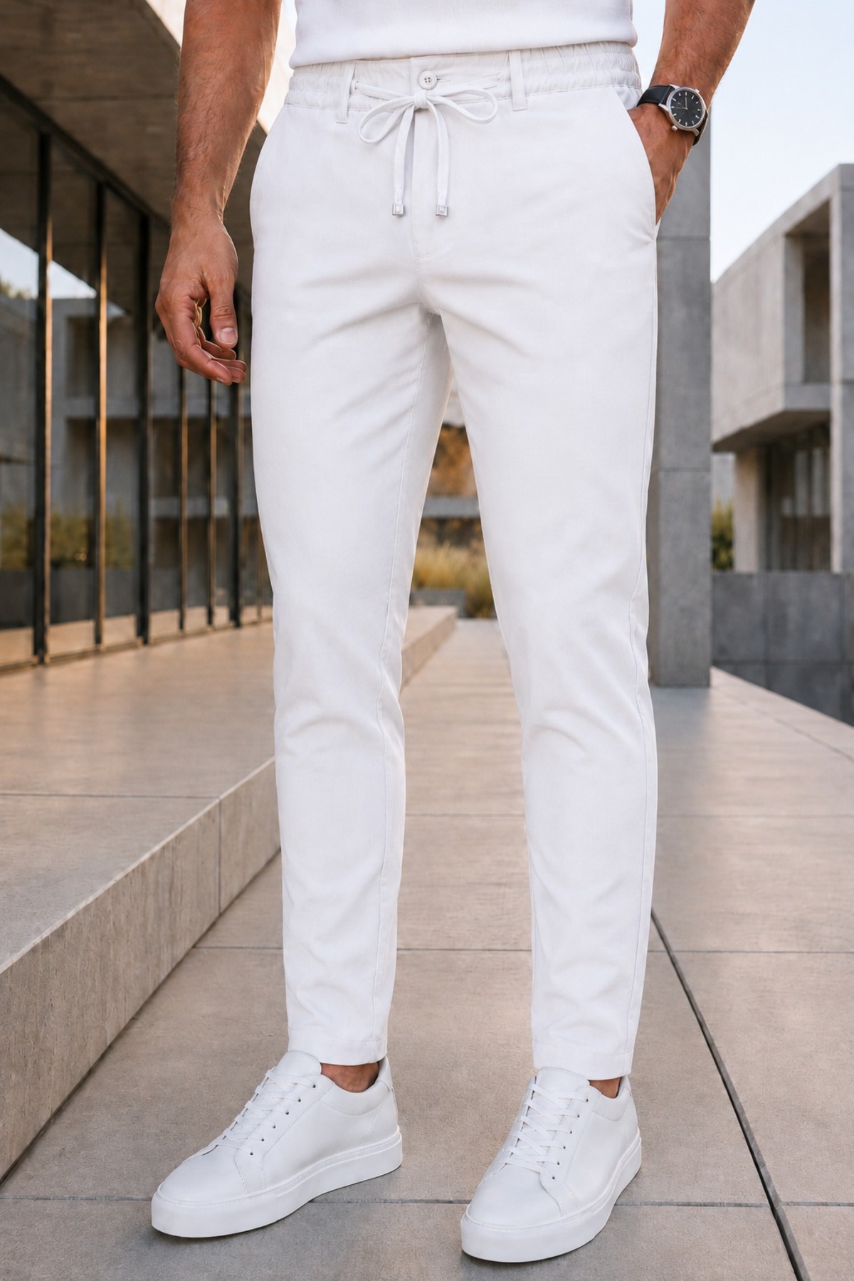 Ser Joven Erkek Beyaz Rahat Kesim Beli Lastikli Bağcıklı Yan Cepli Jogger Kumaş Pantolon