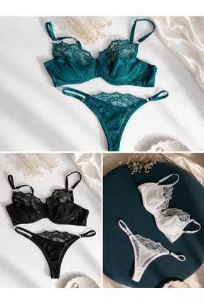 SOLENIA Kadın Dantelli Bralette Sütyen String Takımı 3'Lü Set - YEŞİL/BEYAZ/S...