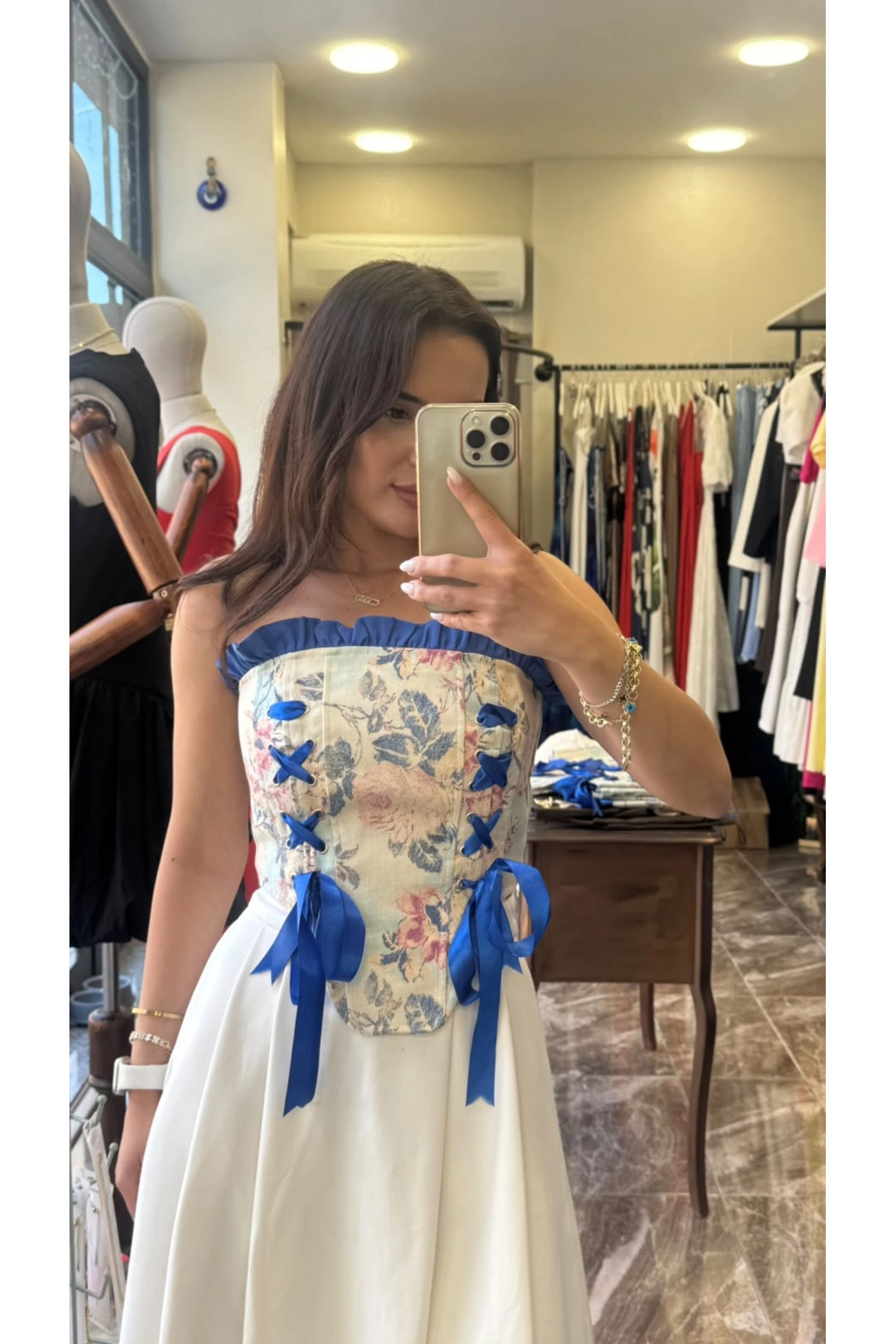 Çiçekli Fermuarlı Korse Büstiyer - Mavi - Mavi