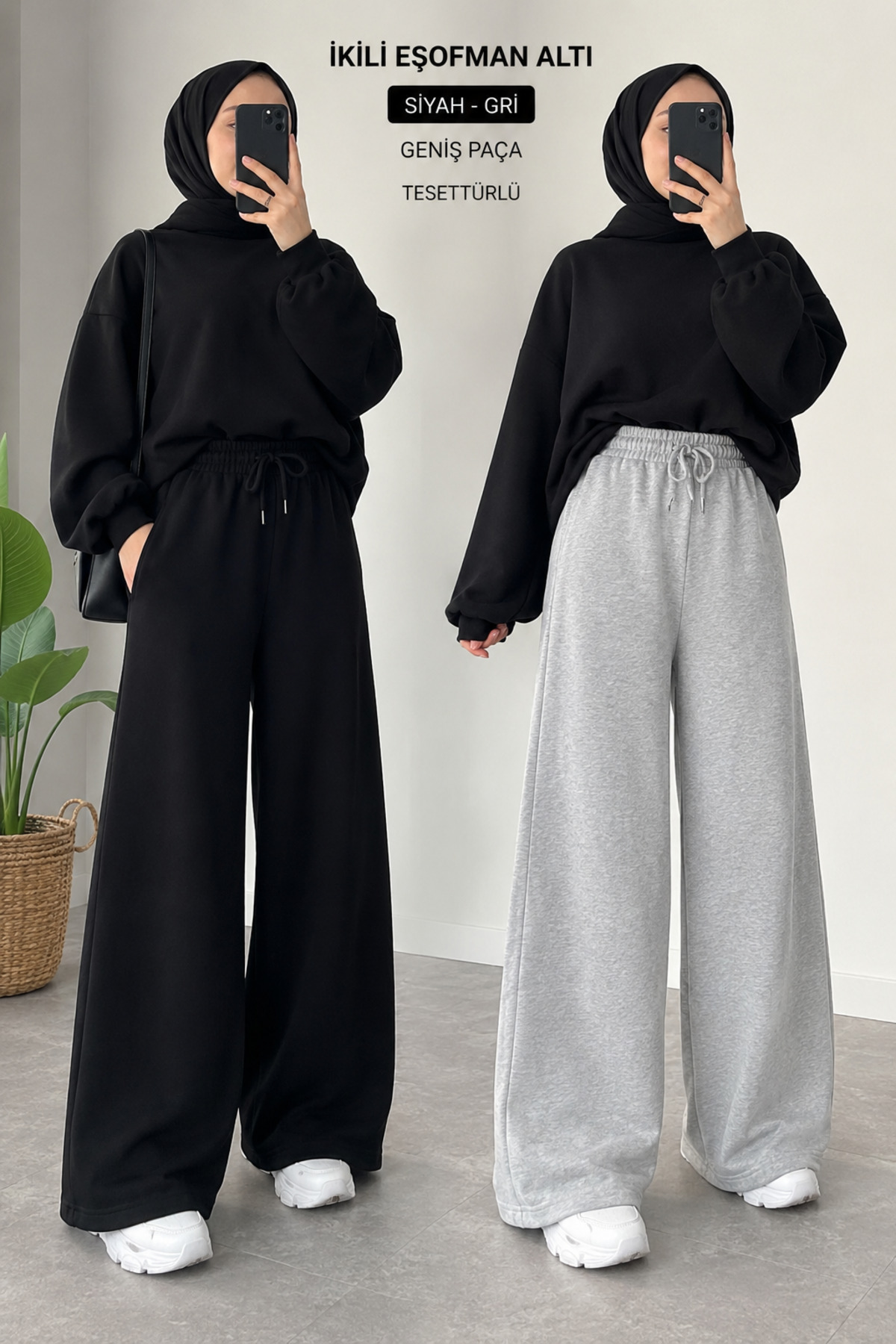 Double Black Gray Sweatpants Set - Loose Fit Wide Leg Appearance Wide Leg
