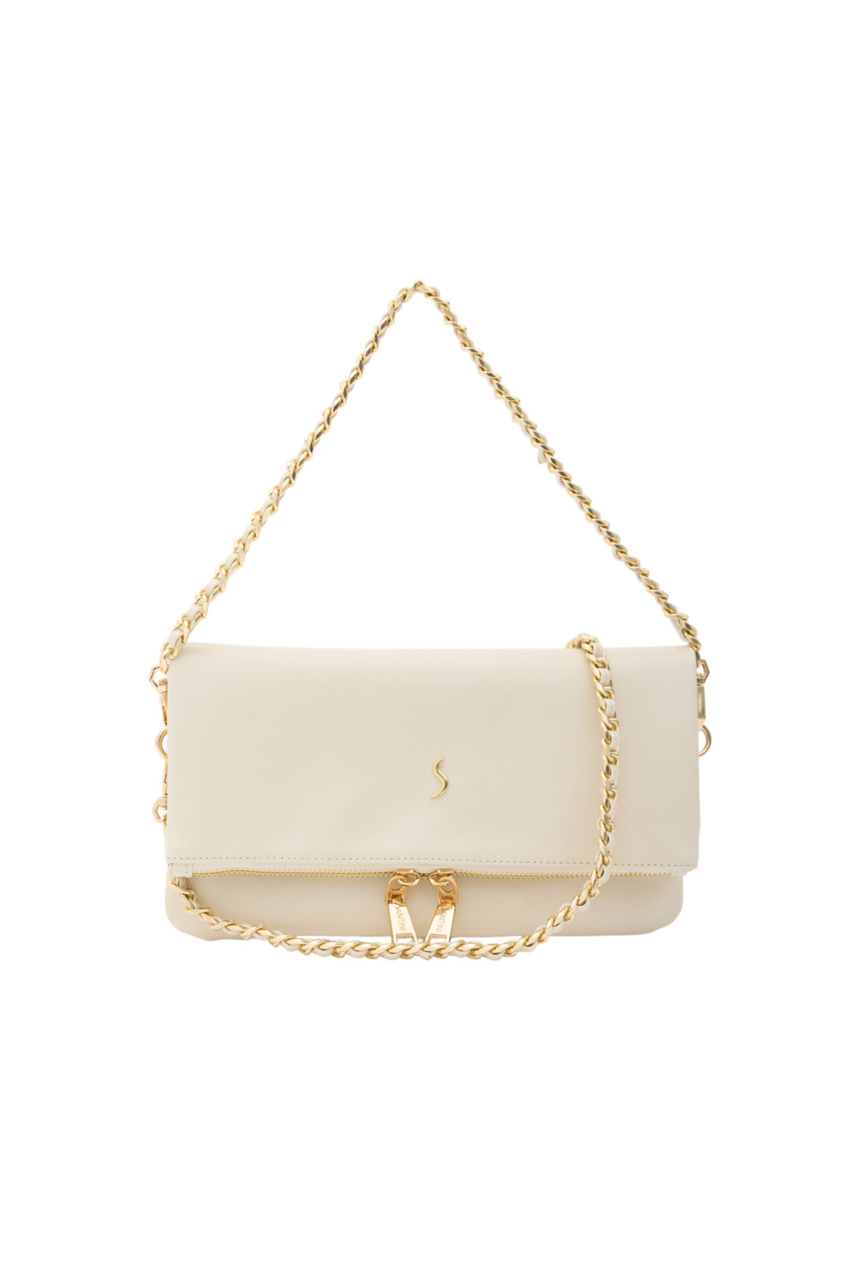 Santini Collection Kadın Çanta Çapraz Çanta Askılı Kol Çantası Omuz Çantası Çift Zincir Askılı Clutch El Çantası, Krem Lior Fold görsel 8