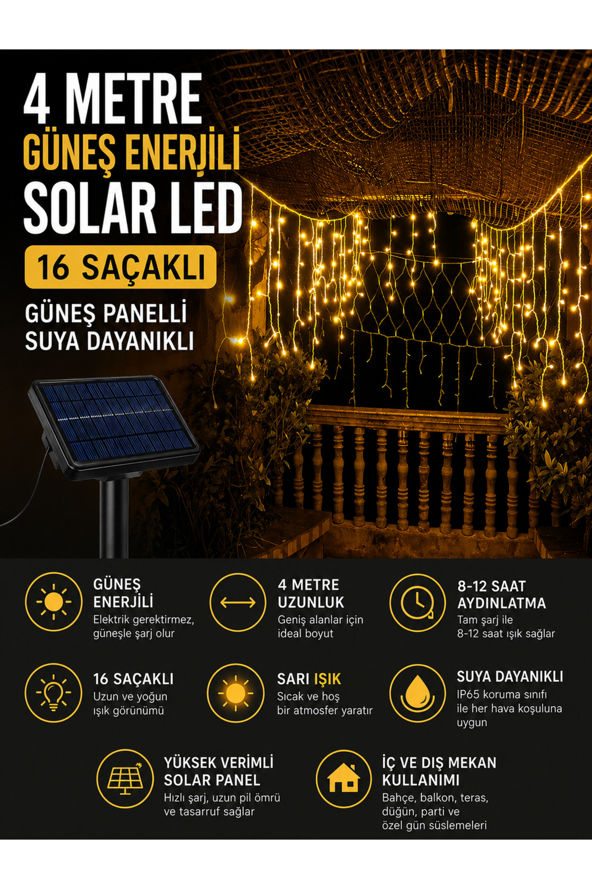 Solar Powered Eave Led 4 Meters 16 Eaves Light IP Curtain Pendant Solar Panel Daylight