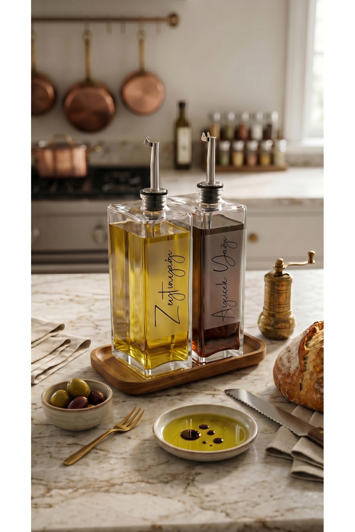 Wooden Stand 2-Piece Glass Lubricant Set 750 ML – Stainless Head Olive Oil & Vinegar Bowl (Silver)