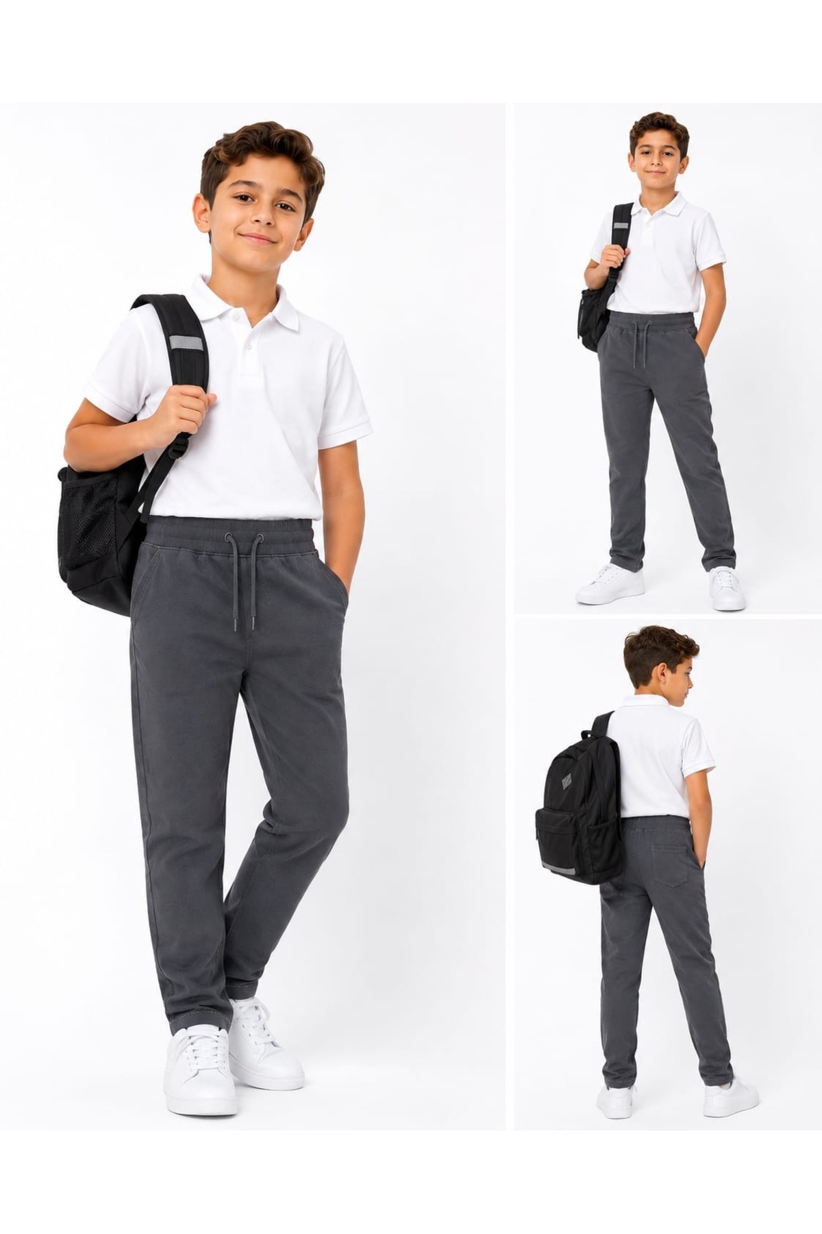 Liyavera Children's High-Quality Gray School Trousers with Elastic Waist and Ties (Ages 6-16)