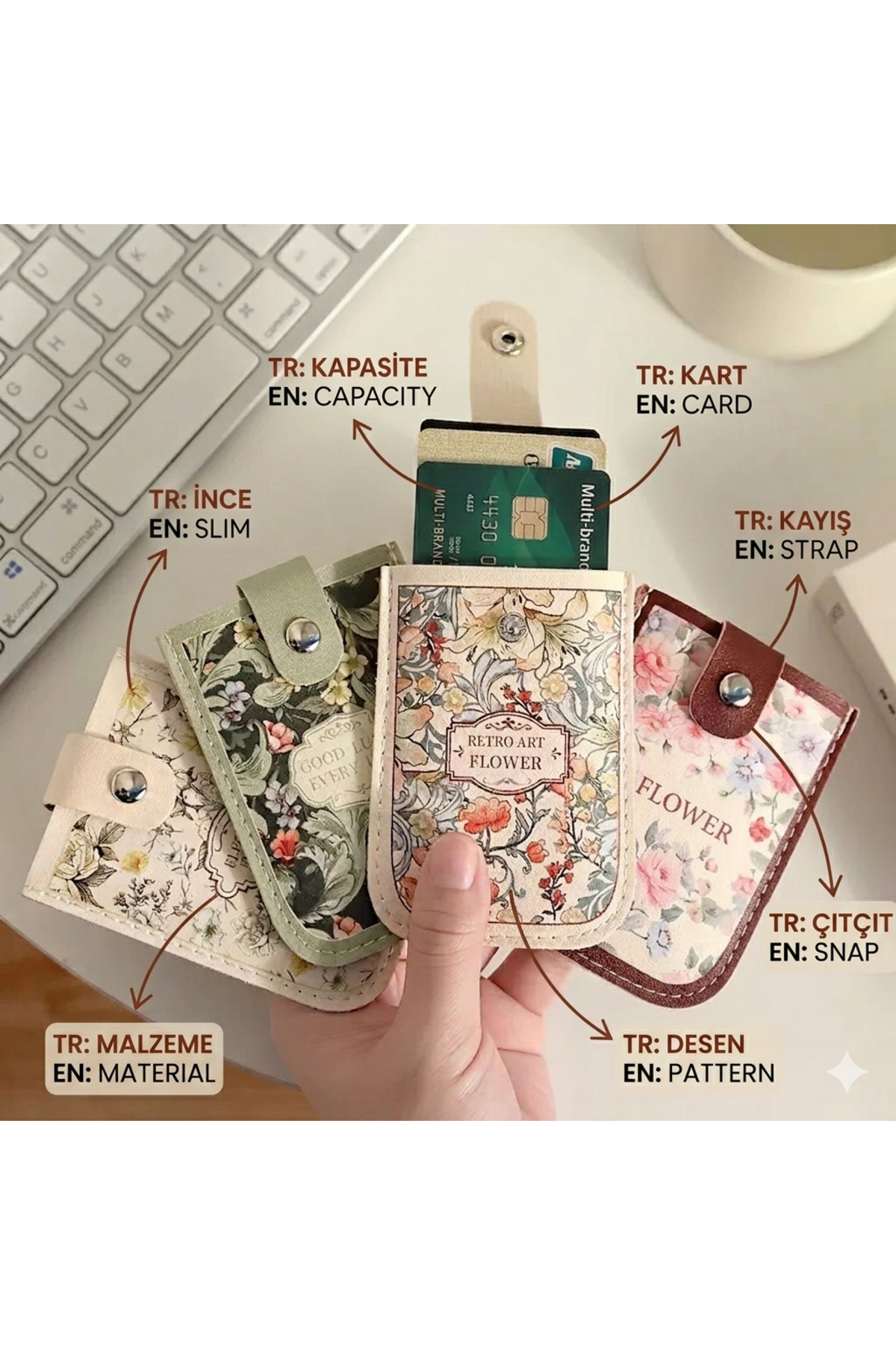 Darian Retro Çiçek Desenli Çekmeli Mekanizmalı Kartlık Cüzdan - Kadın Pratik Mini Kredi Kartlık Cüzdanı Çıtçıtlı