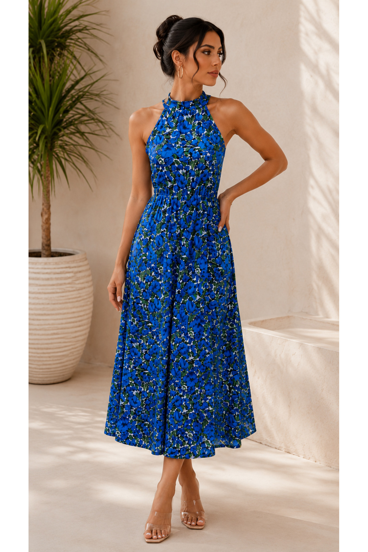 Kokosh moda Göz Alıcı Zarafet! Kadın Desenli Beli Gipe Detaylı Yazlık Uzun Süprem Elbise görsel 4
