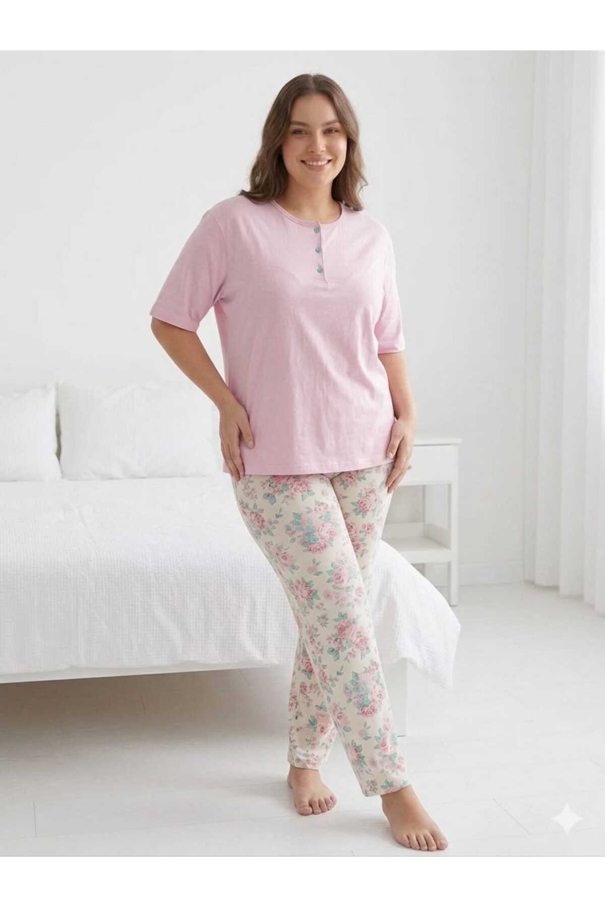 Sude HOMEWEAR Kadın Kısa Kol Çiçek Desenli Büyük Beden Pijama Takımı görsel 3